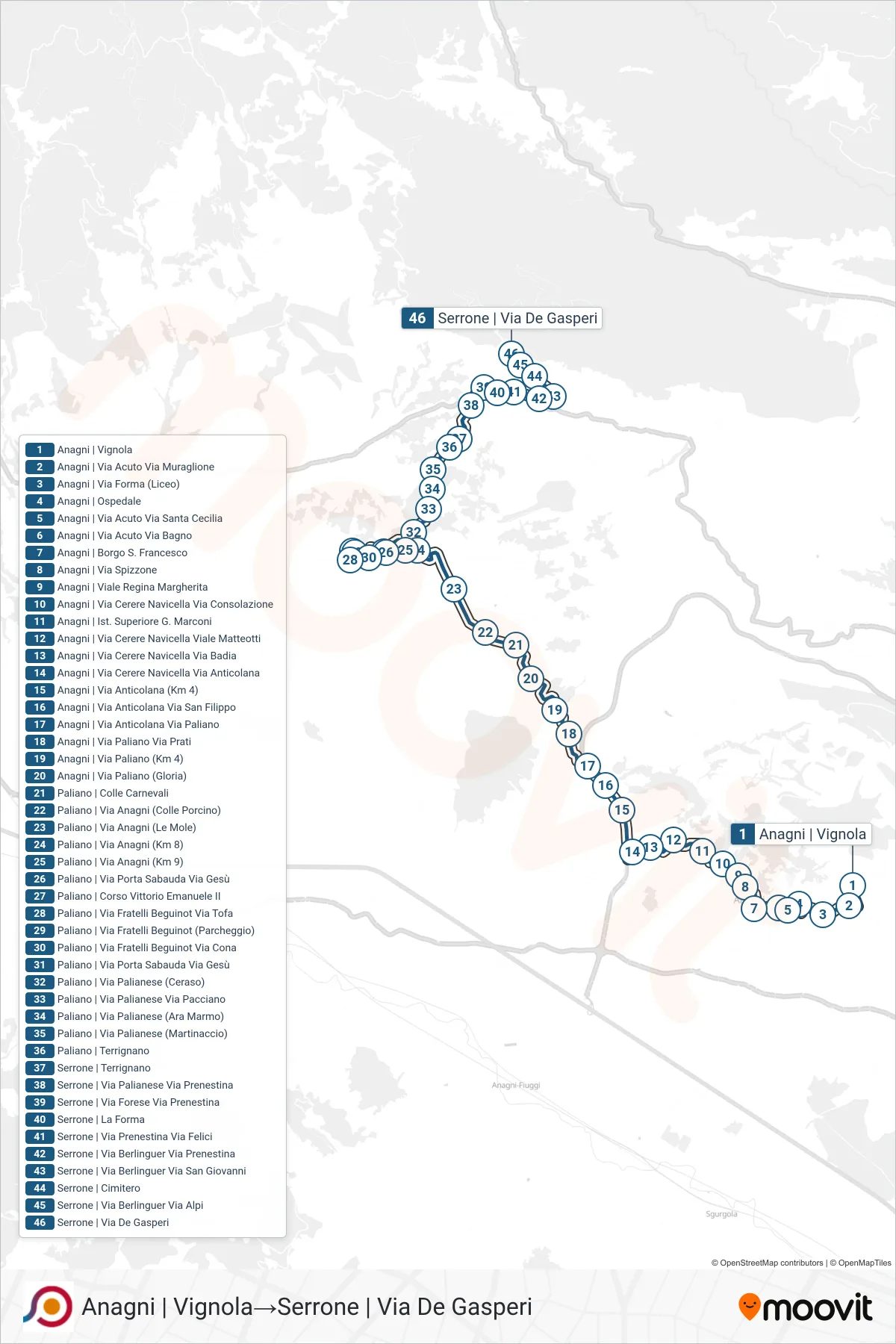 Linea COTRAL bus (Anagni | Vignola→Serrone | Via De Gasperi) - Percorsi e fermate sulla mappa