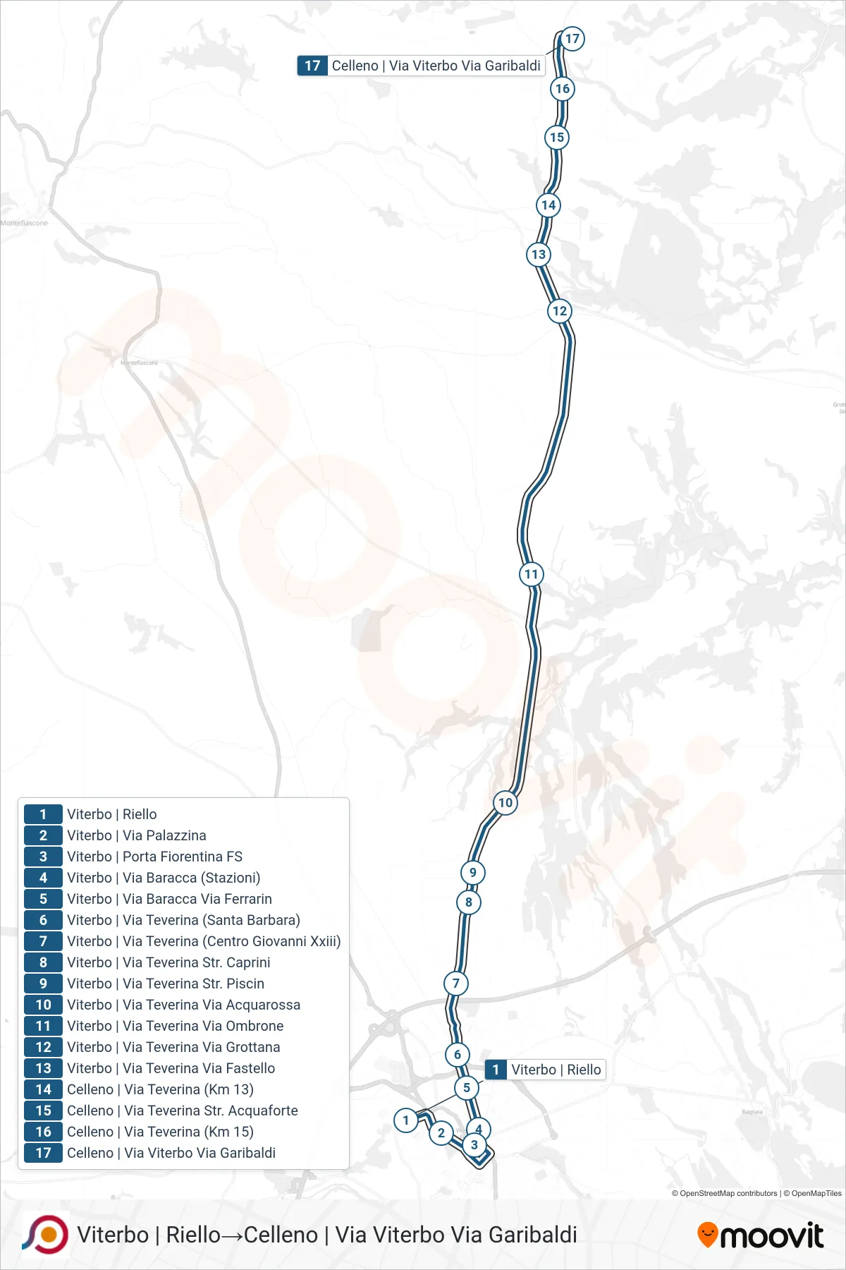 Linea COTRAL bus (Viterbo | Riello→Celleno | Via Viterbo Via Garibaldi) - Percorsi e fermate sulla mappa