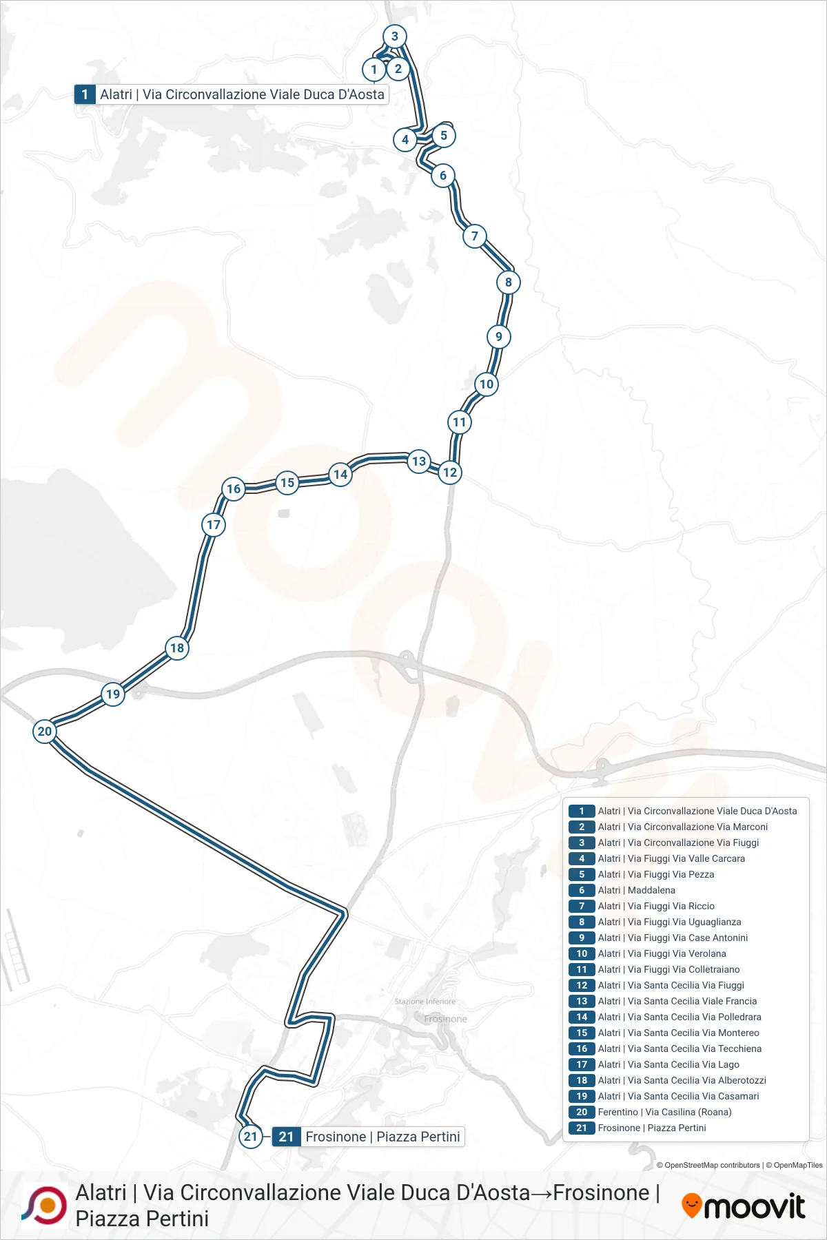 Linea COTRAL bus (Alatri | Via Circonvallazione Viale Duca D'Aosta→Frosinone | Piazza Pertini) - Percorsi e fermate sulla mappa