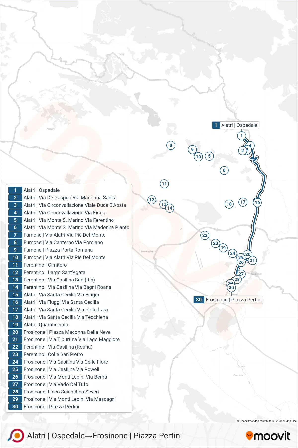 Linea COTRAL bus (Alatri | Ospedale→Frosinone | Piazza Pertini) - Percorsi e fermate sulla mappa
