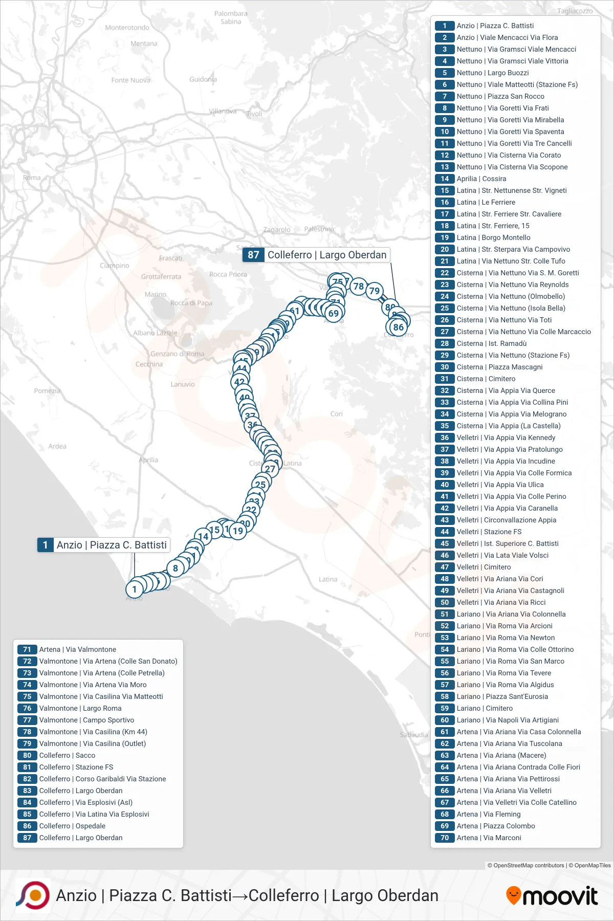 Linea COTRAL bus (Anzio | Piazza C. Battisti→Colleferro | Largo Oberdan) - Percorsi e fermate sulla mappa