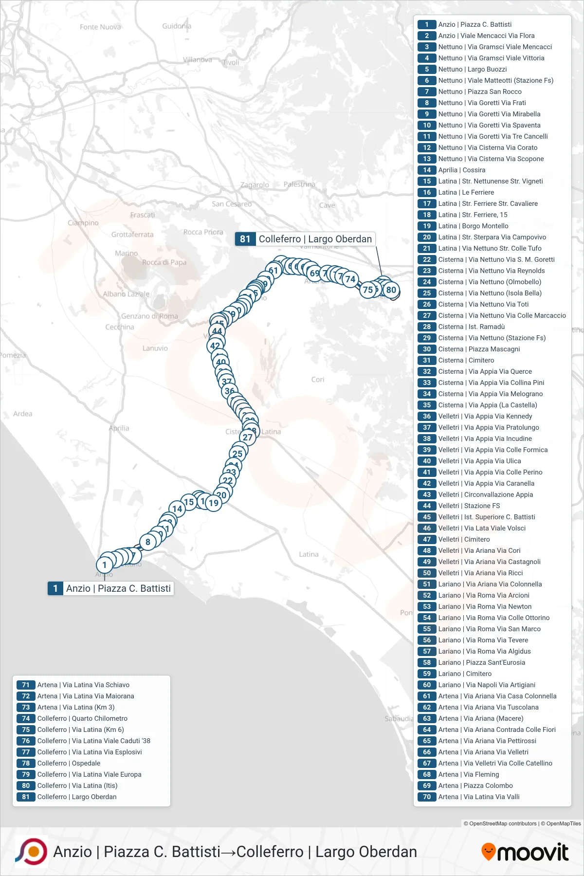 Linea COTRAL  bus (Anzio | Piazza C. Battisti‎→Colleferro | Largo Oberdan) - Percorsi e fermate sulla mappa