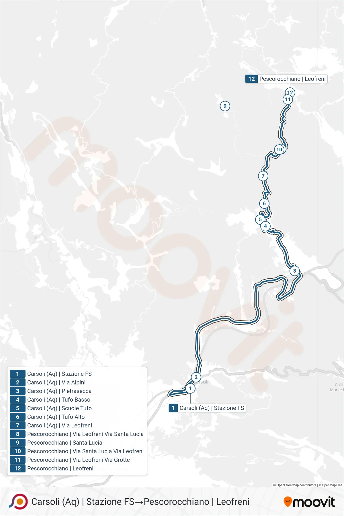 Linea COTRAL  bus (Carsoli (Aq) | Stazione FS‎→Pescorocchiano | Leofreni) - Percorsi e fermate sulla mappa