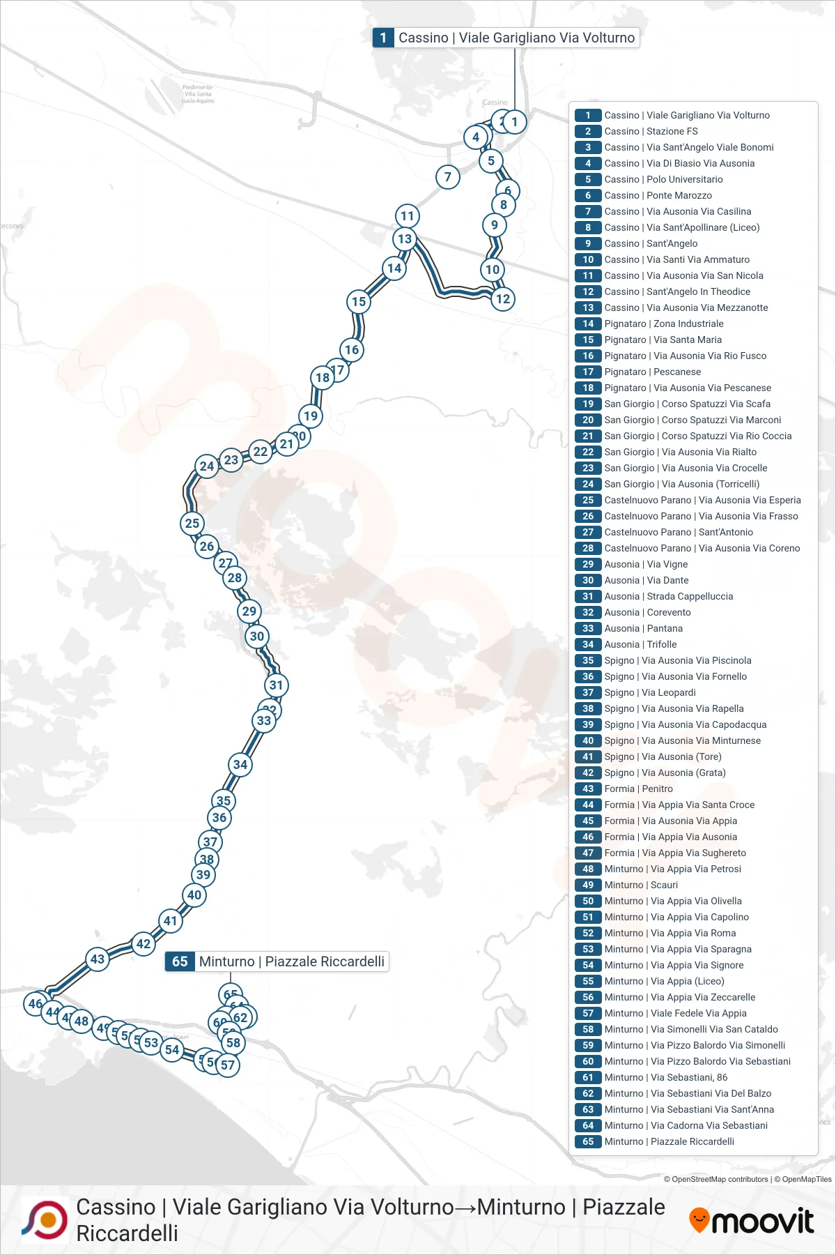Linea COTRAL bus (Cassino | Viale Garigliano Via Volturno→Minturno | Piazzale Riccardelli) - Percorsi e fermate sulla mappa