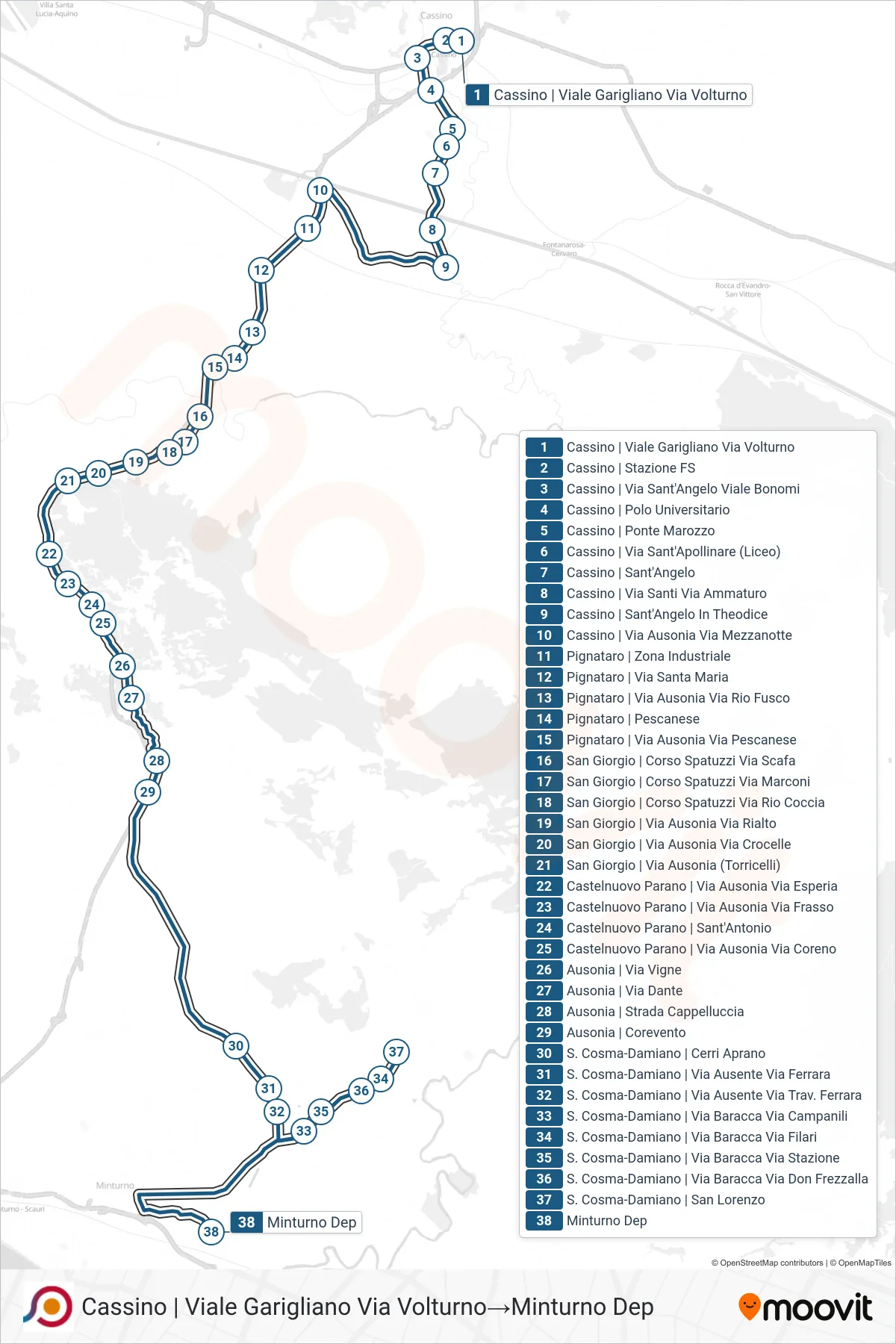 Linea COTRAL  bus (Cassino | Viale Garigliano Via Volturno‎→Minturno Dep) - Percorsi e fermate sulla mappa