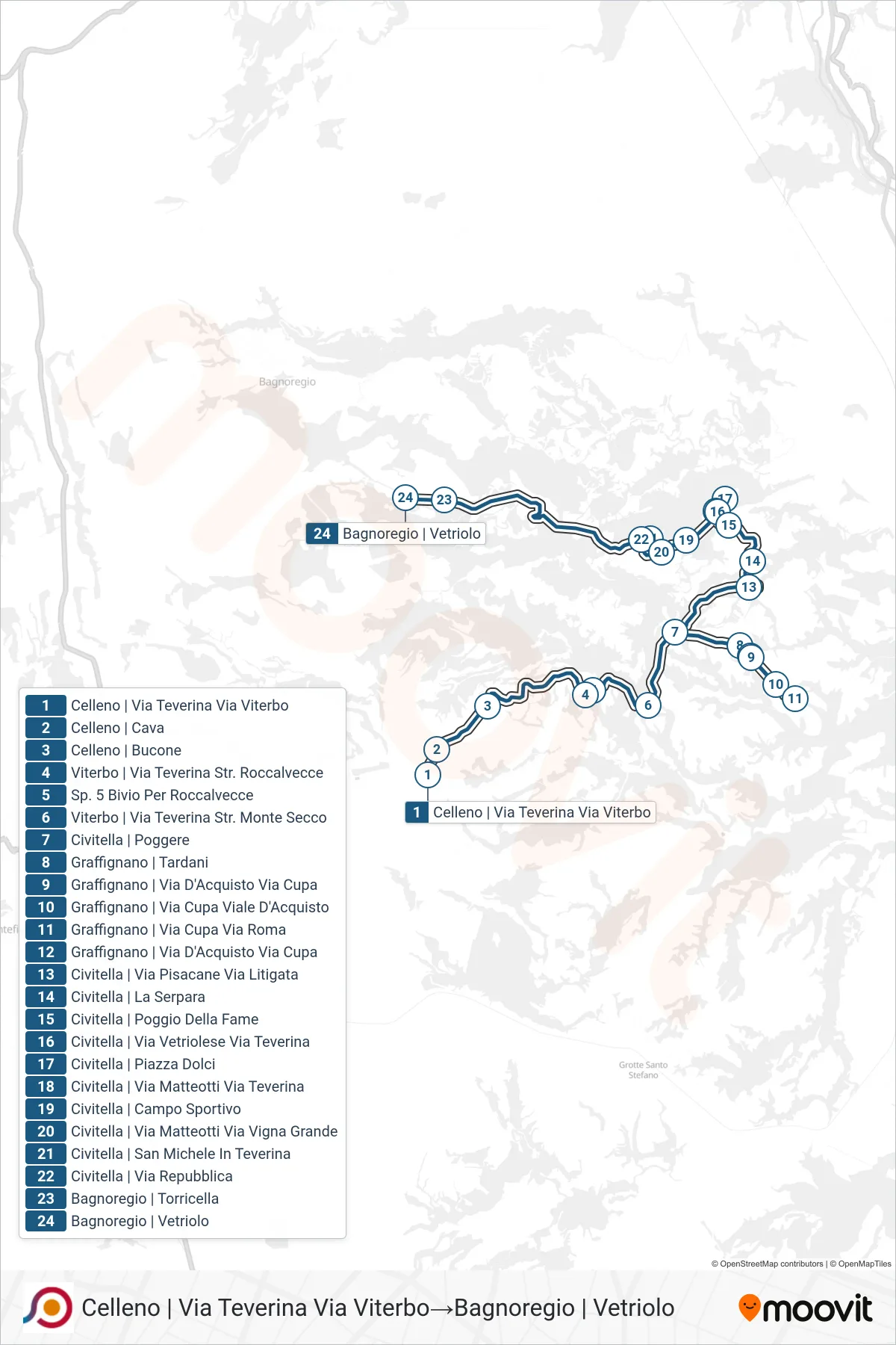 Linea COTRAL bus (Celleno | Via Teverina Via Viterbo→Bagnoregio | Vetriolo) - Percorsi e fermate sulla mappa