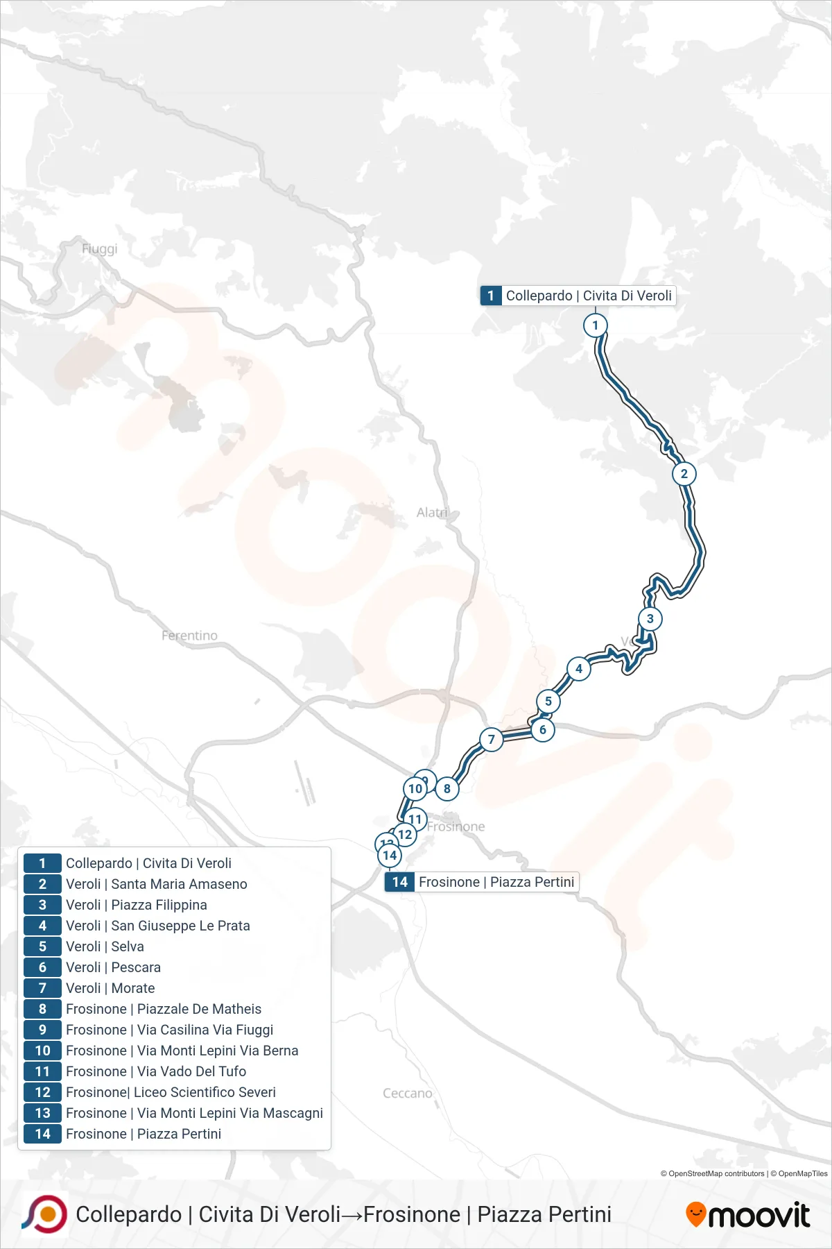 Linea COTRAL bus (Collepardo | Civita Di Veroli→Frosinone | Piazza Pertini) - Percorsi e fermate sulla mappa