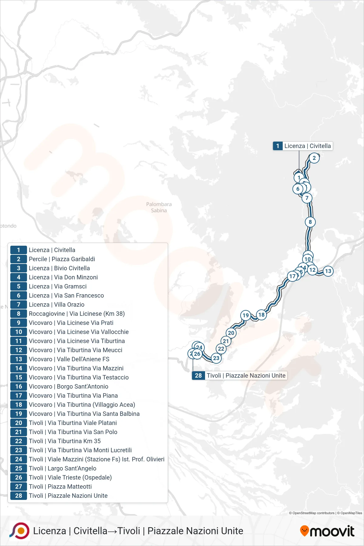Linea COTRAL bus (Licenza | Civitella→Tivoli | Piazzale Nazioni Unite) - Percorsi e fermate sulla mappa