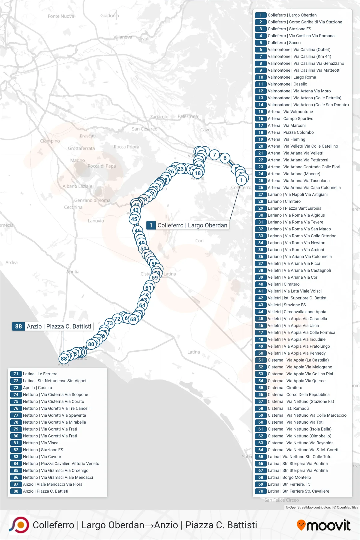 Linea COTRAL  bus (Colleferro | Largo Oberdan‎→Anzio | Piazza C. Battisti) - Percorsi e fermate sulla mappa