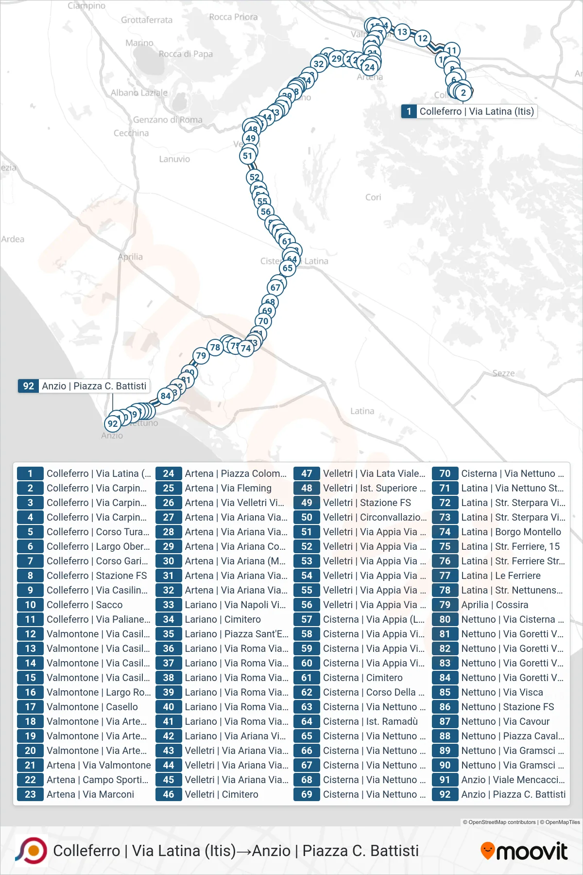 Linea COTRAL bus (Colleferro | Via Latina (Itis)→Anzio | Piazza C. Battisti) - Percorsi e fermate sulla mappa