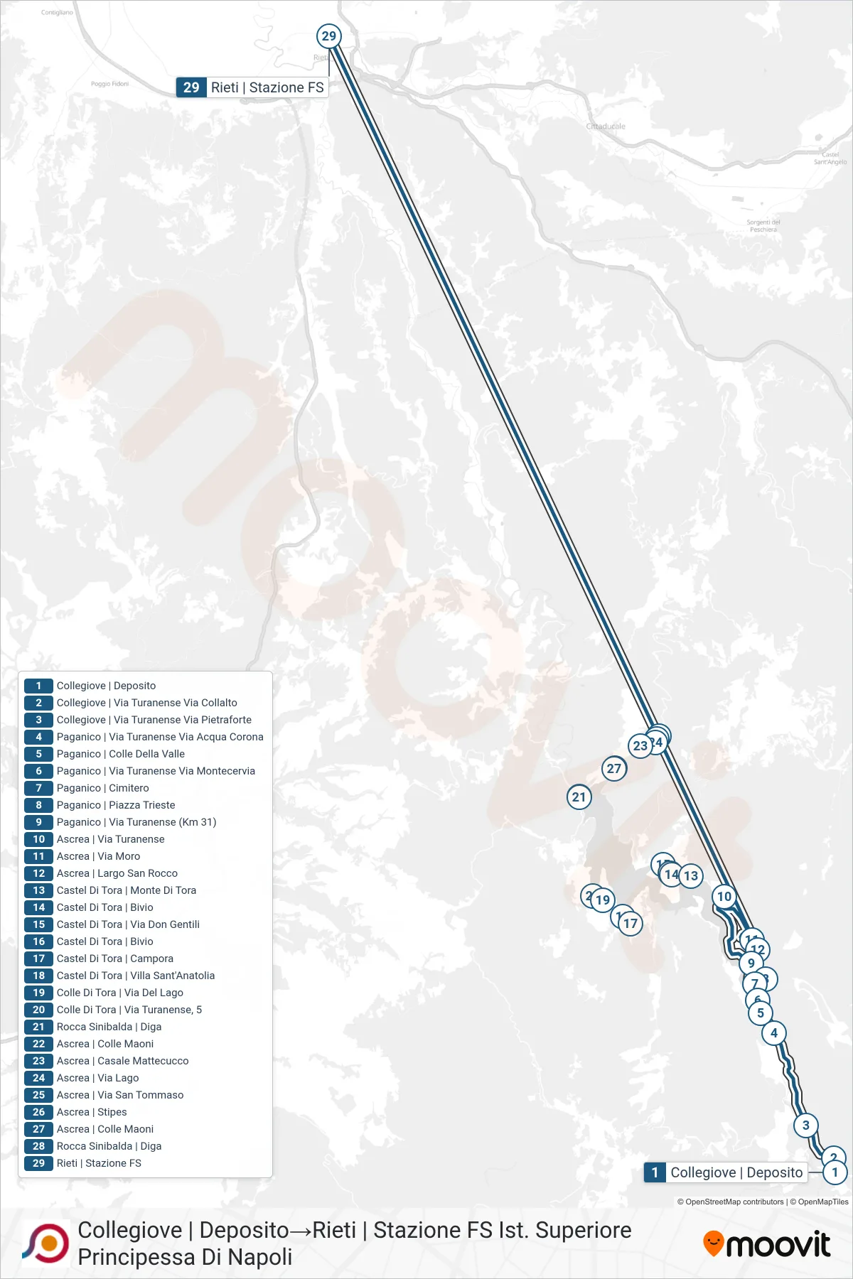 Linea COTRAL bus (Collegiove | Deposito→Rieti | Stazione FS Ist. Superiore Principessa Di Napoli) - Percorsi e fermate sulla mappa