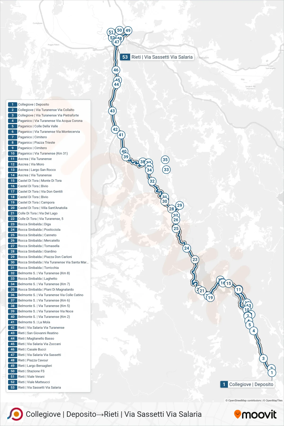 Linea COTRAL  bus (Collegiove | Deposito‎→Rieti | Via Sassetti Via Salaria) - Percorsi e fermate sulla mappa