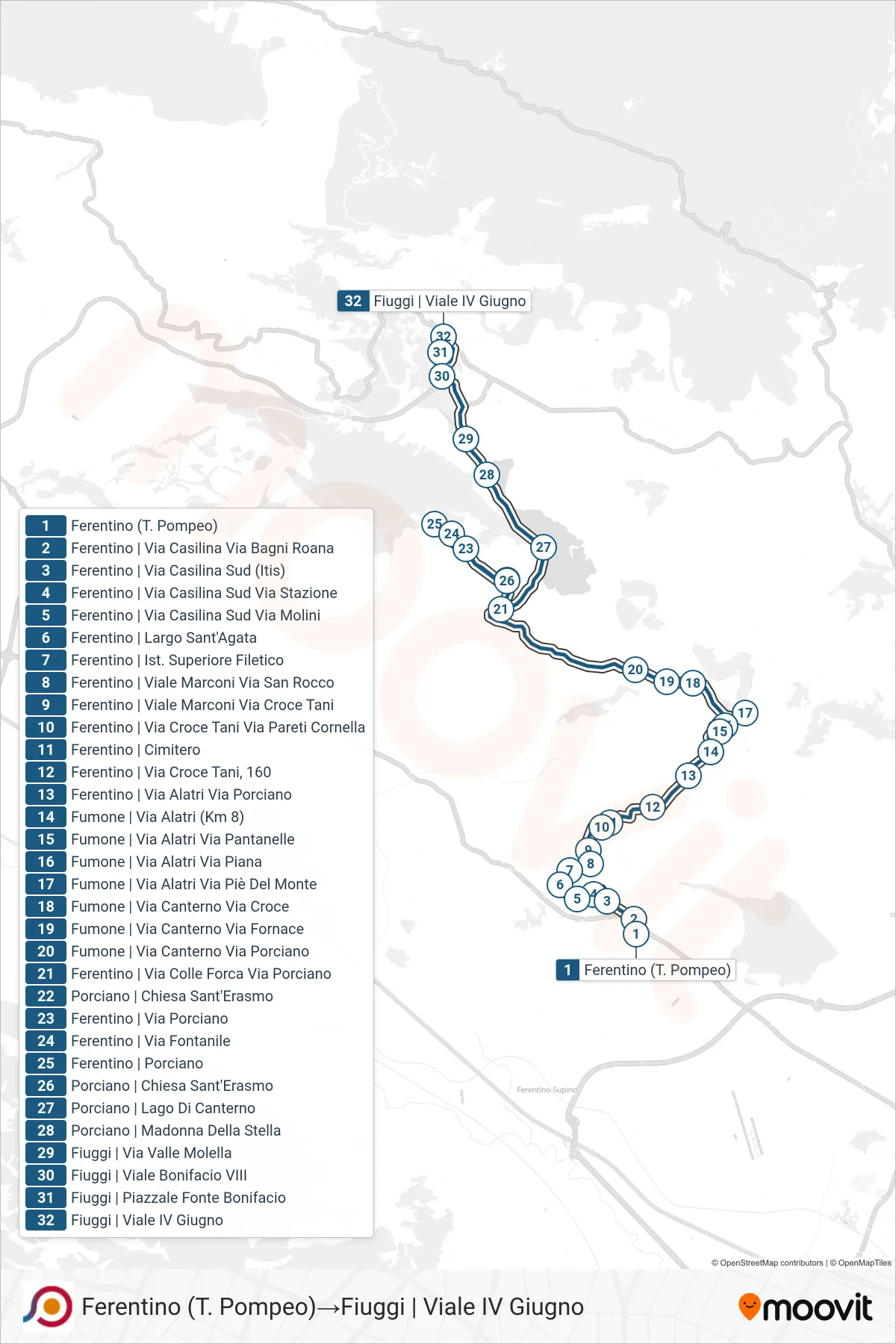 Linea COTRAL bus (Ferentino (T. Pompeo)→Fiuggi | Viale IV Giugno) - Percorsi e fermate sulla mappa