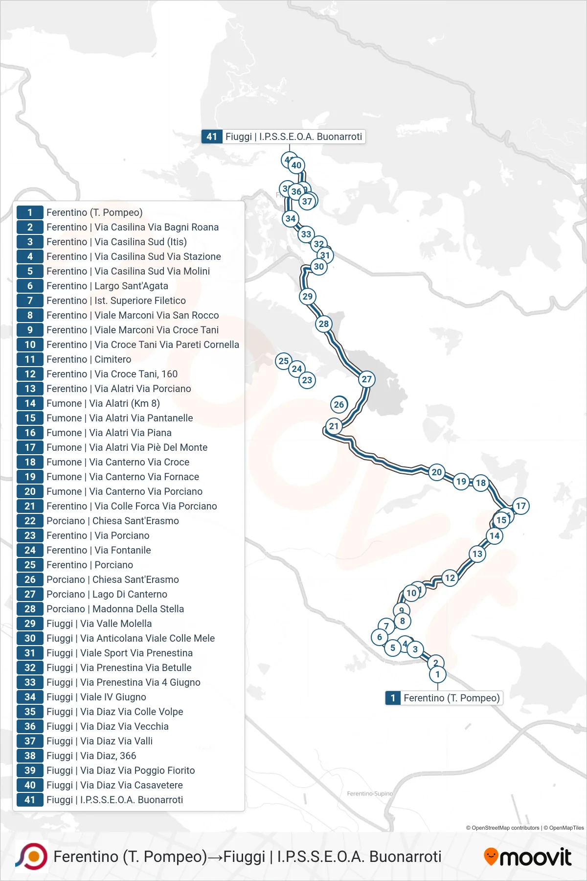 Linea COTRAL bus (Ferentino (T. Pompeo)→Fiuggi | I.P.S.S.E.O.A. Buonarroti) - Percorsi e fermate sulla mappa