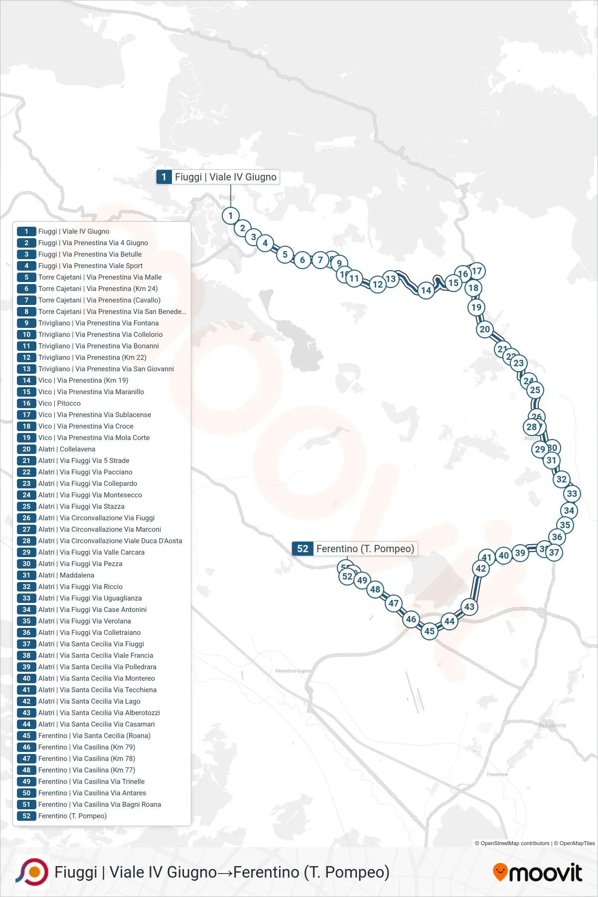COTRAL bus Line (Fiuggi via Viale IV Giugno→Ferentino (Tito Pompeo)) route and stops on a map