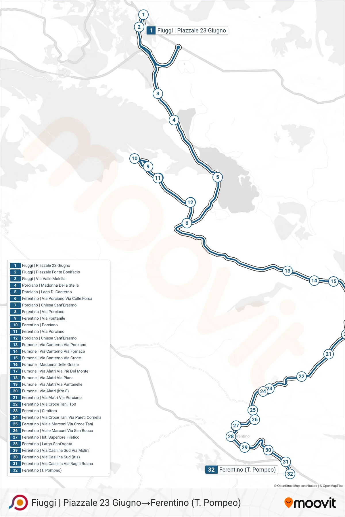 Linea COTRAL bus (Fiuggi | Piazzale 23 Giugno→Ferentino (T. Pompeo)) - Percorsi e fermate sulla mappa
