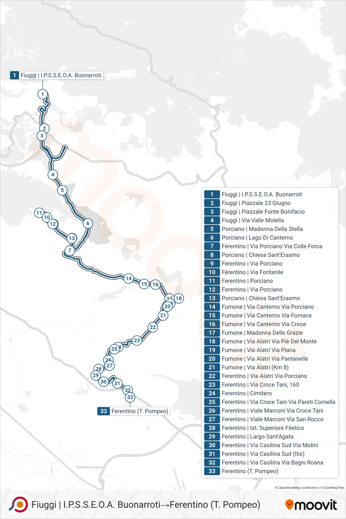 Linea COTRAL bus (Fiuggi | I.P.S.S.E.O.A. Buonarroti→Ferentino (T. Pompeo)) - Percorsi e fermate sulla mappa