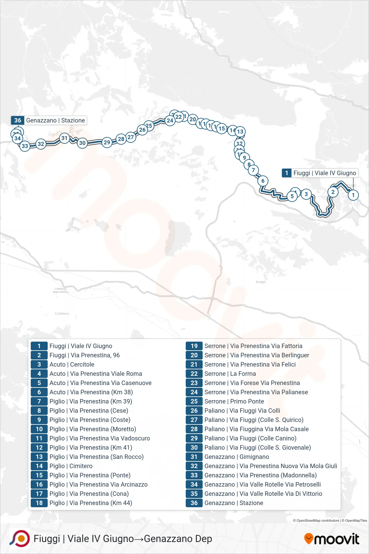 Linea COTRAL  bus (Fiuggi | Viale IV Giugno‎→Genazzano Dep) - Percorsi e fermate sulla mappa