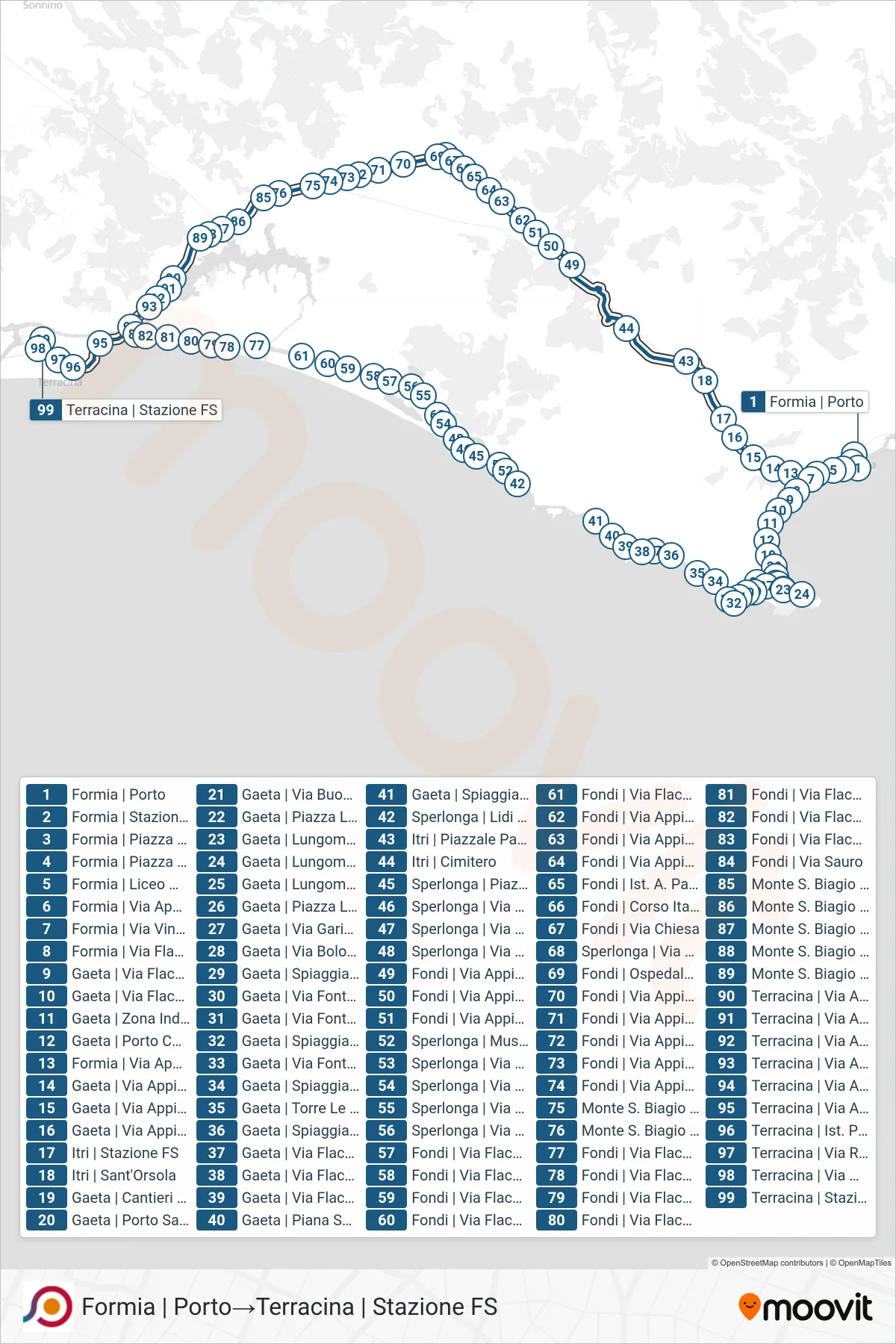 Linea COTRAL bus (Formia | Porto→Terracina | Stazione FS) - Percorsi e fermate sulla mappa