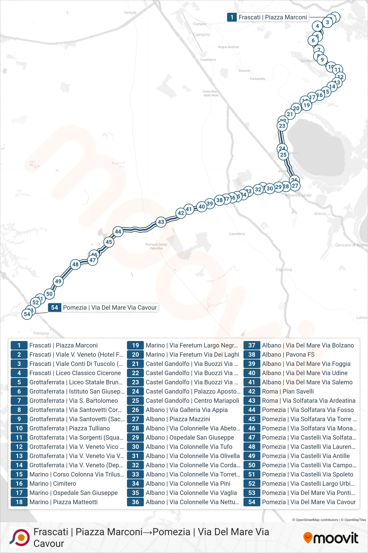 Linea COTRAL bus (Frascati | Piazza Marconi→Pomezia | Via Del Mare Via Cavour) - Percorsi e fermate sulla mappa