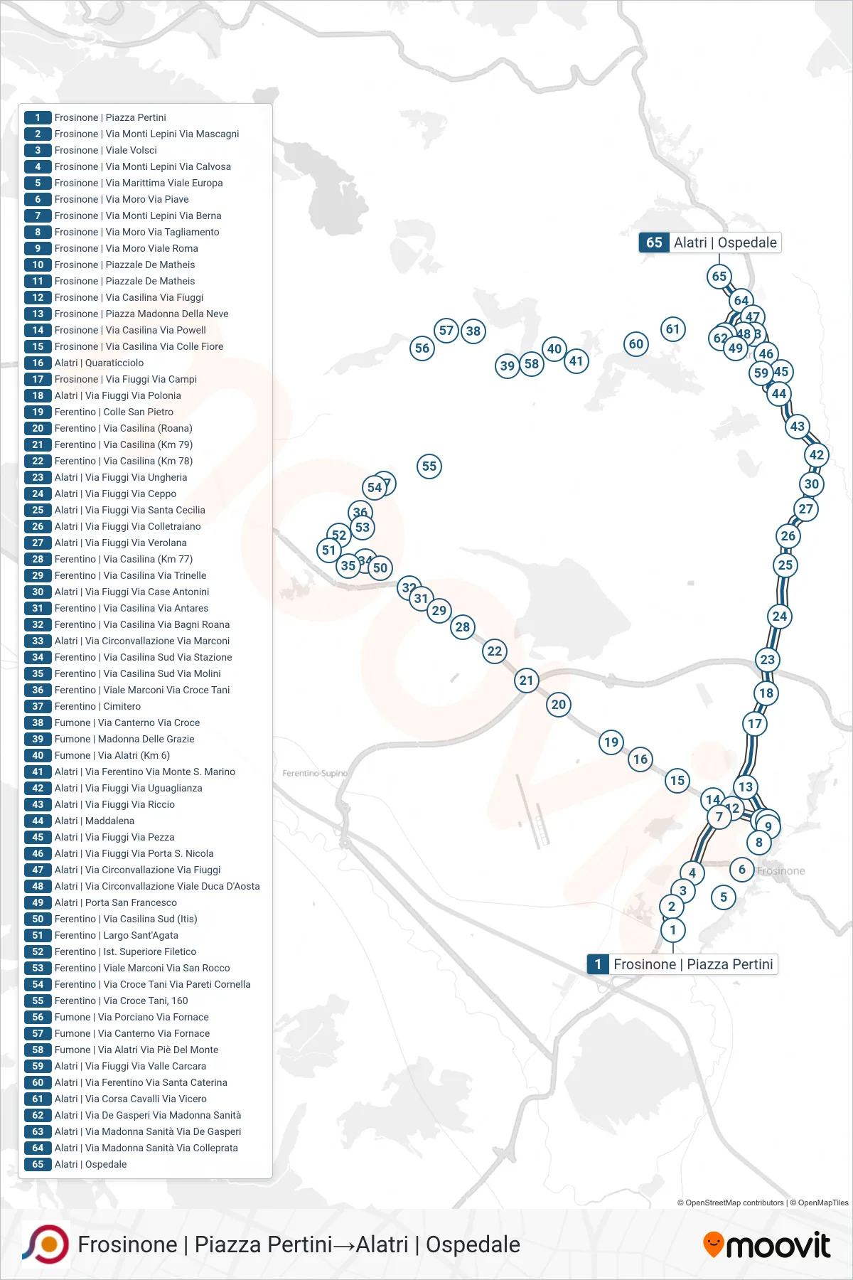Linea COTRAL bus (Frosinone | Piazza Pertini→Alatri | Ospedale) - Percorsi e fermate sulla mappa
