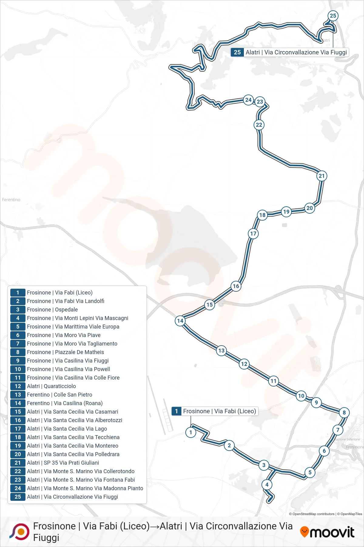 Linea COTRAL bus (Frosinone | Via Fabi (Liceo)→Alatri | Via Circonvallazione Via Fiuggi) - Percorsi e fermate sulla mappa