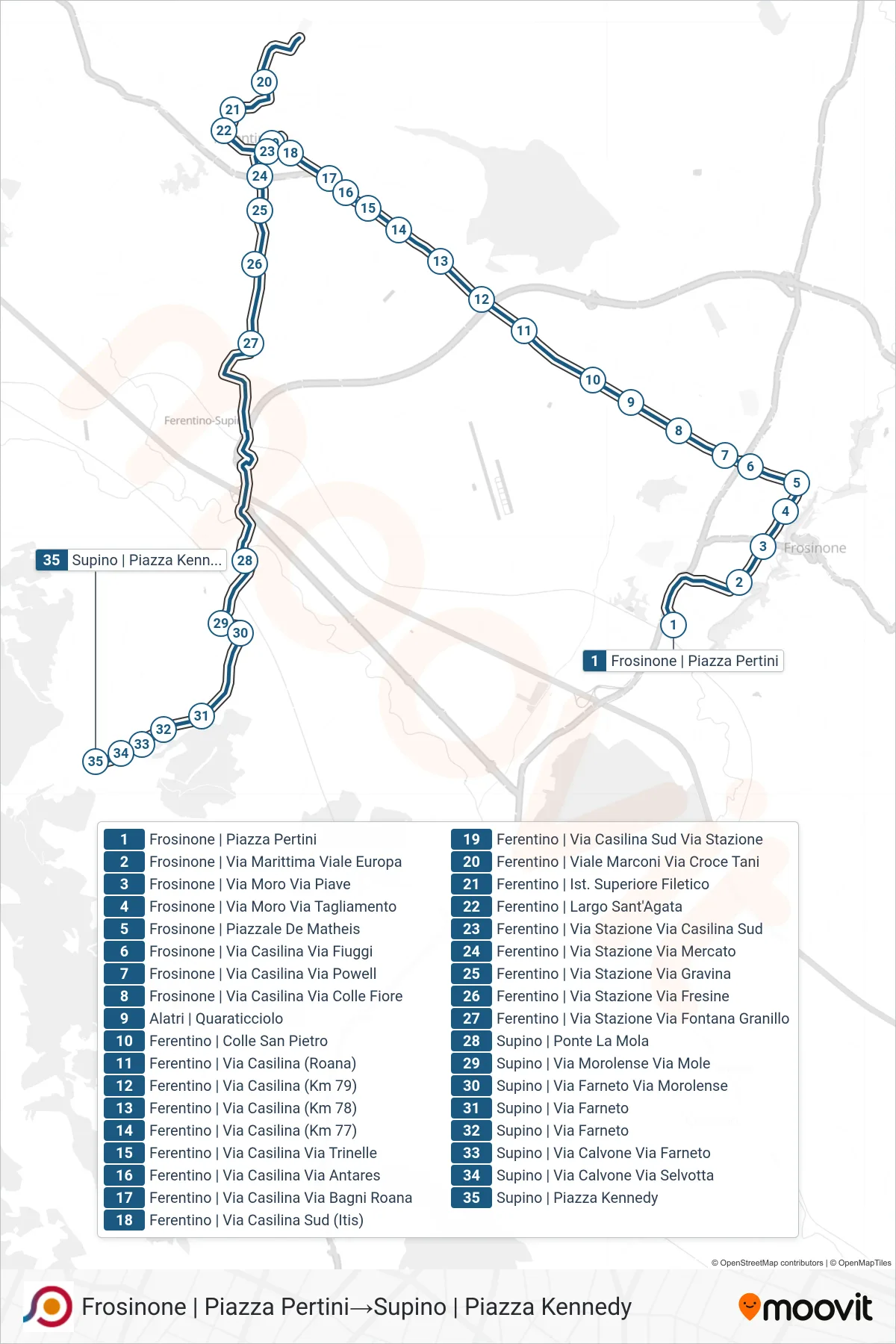 Linea COTRAL bus (Frosinone | Piazza Pertini→Supino | Piazza Kennedy) - Percorsi e fermate sulla mappa