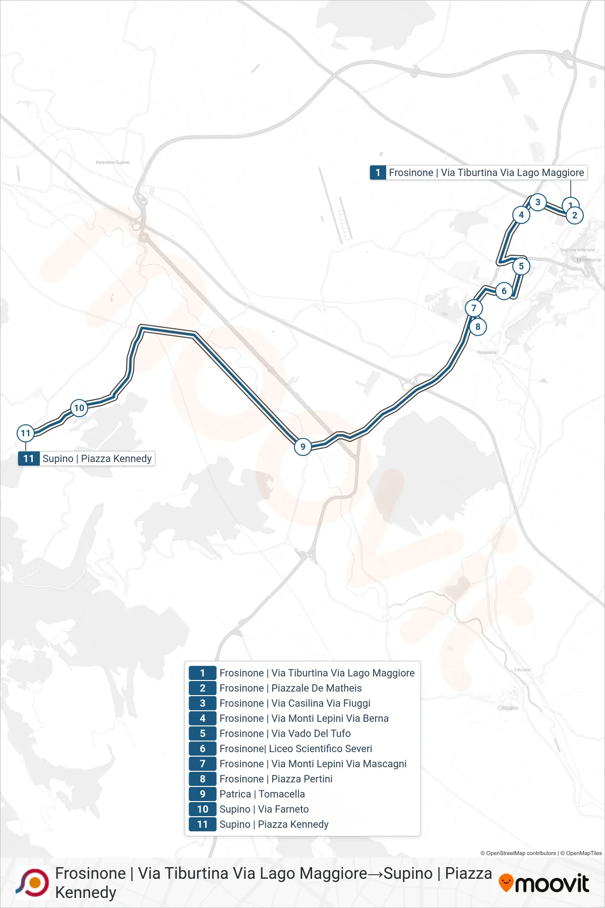 Linea COTRAL bus (Frosinone | Via Tiburtina Via Lago Maggiore→Supino | Piazza Kennedy) - Percorsi e fermate sulla mappa