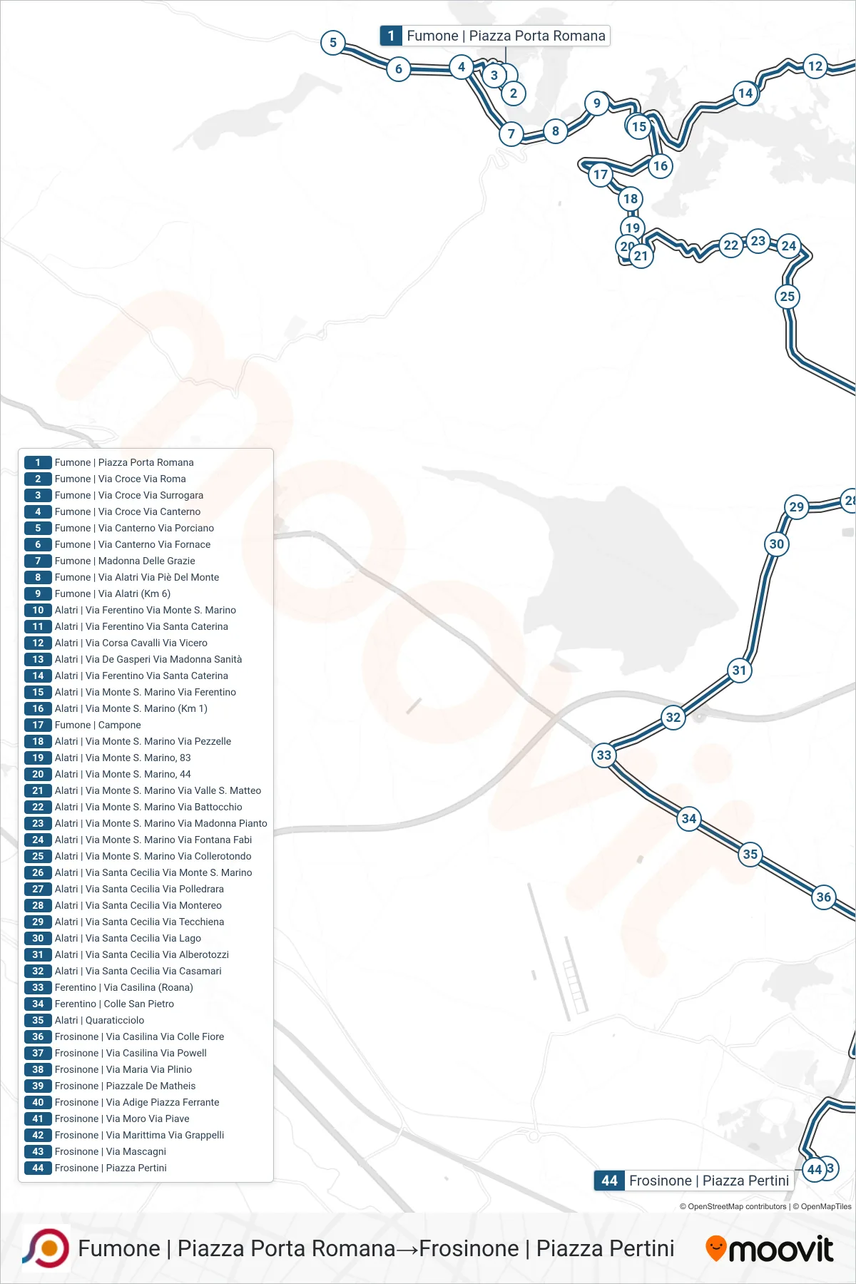 Linea COTRAL bus (Fumone | Piazza Porta Romana→Frosinone | Piazza Pertini) - Percorsi e fermate sulla mappa