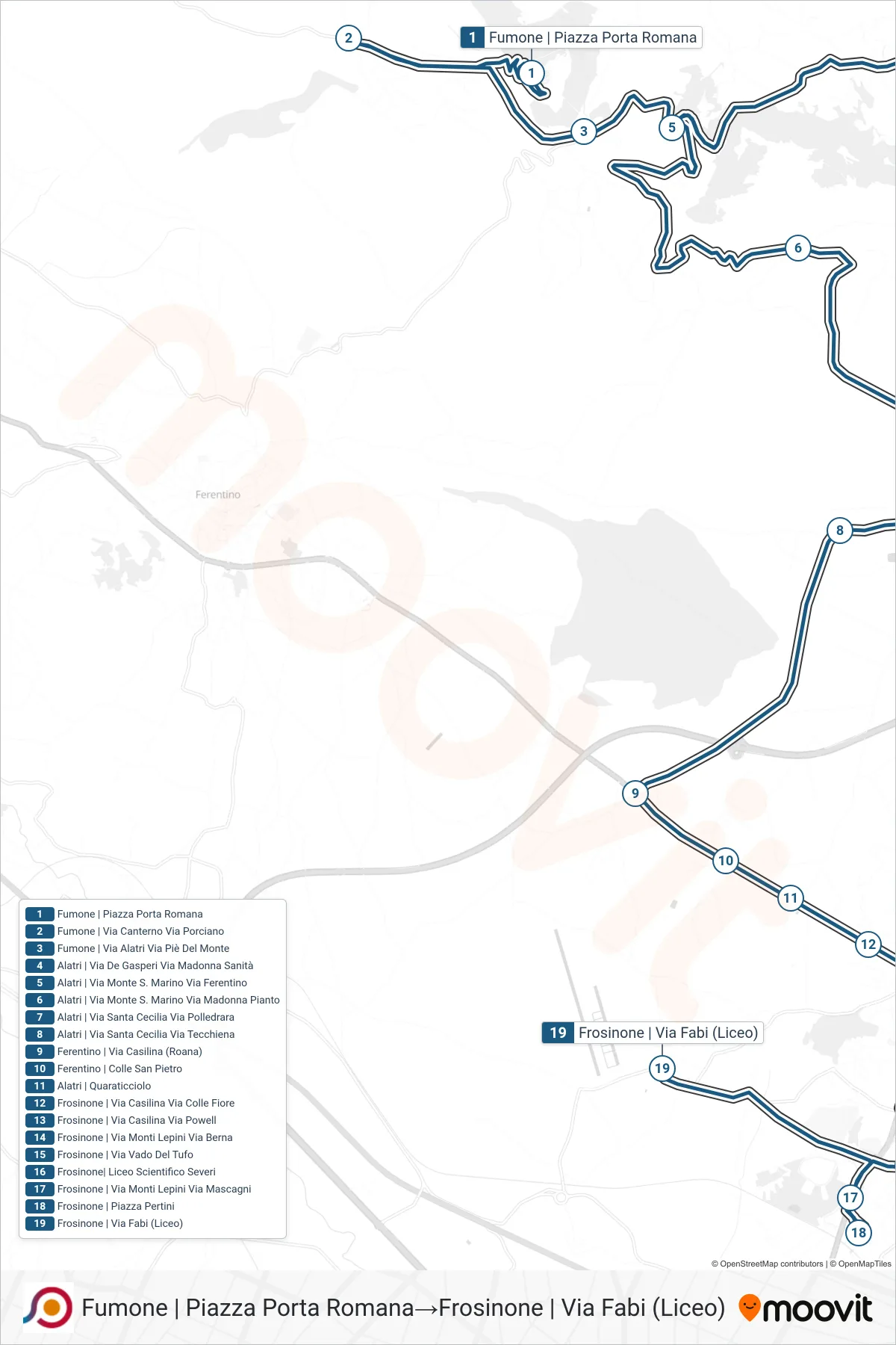 Linea COTRAL bus (Fumone | Piazza Porta Romana→Frosinone | Via Fabi (Liceo)) - Percorsi e fermate sulla mappa