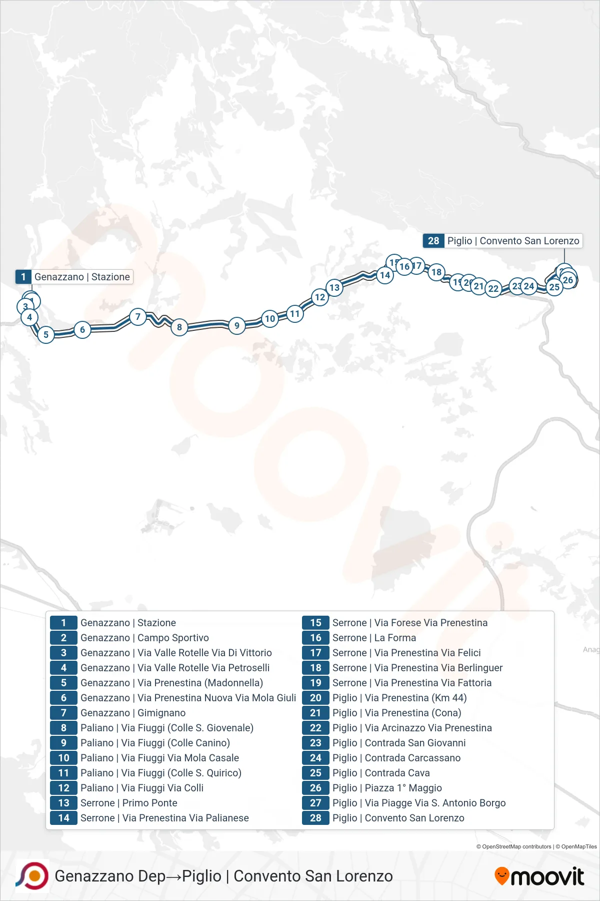 Linea COTRAL bus (Genazzano Dep→Piglio | Convento San Lorenzo) - Percorsi e fermate sulla mappa