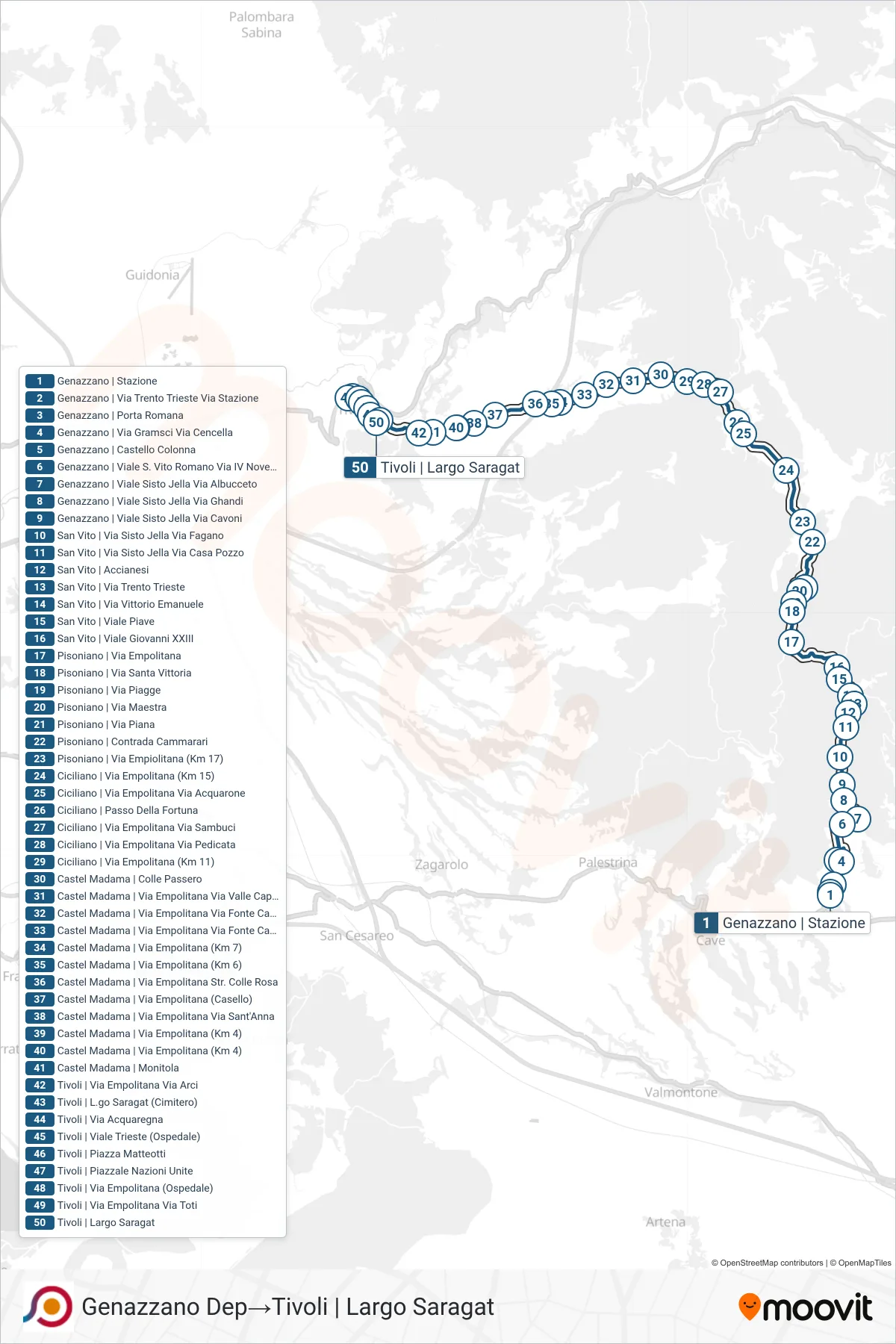 Linea COTRAL bus (Genazzano Dep→Tivoli | Largo Saragat) - Percorsi e fermate sulla mappa