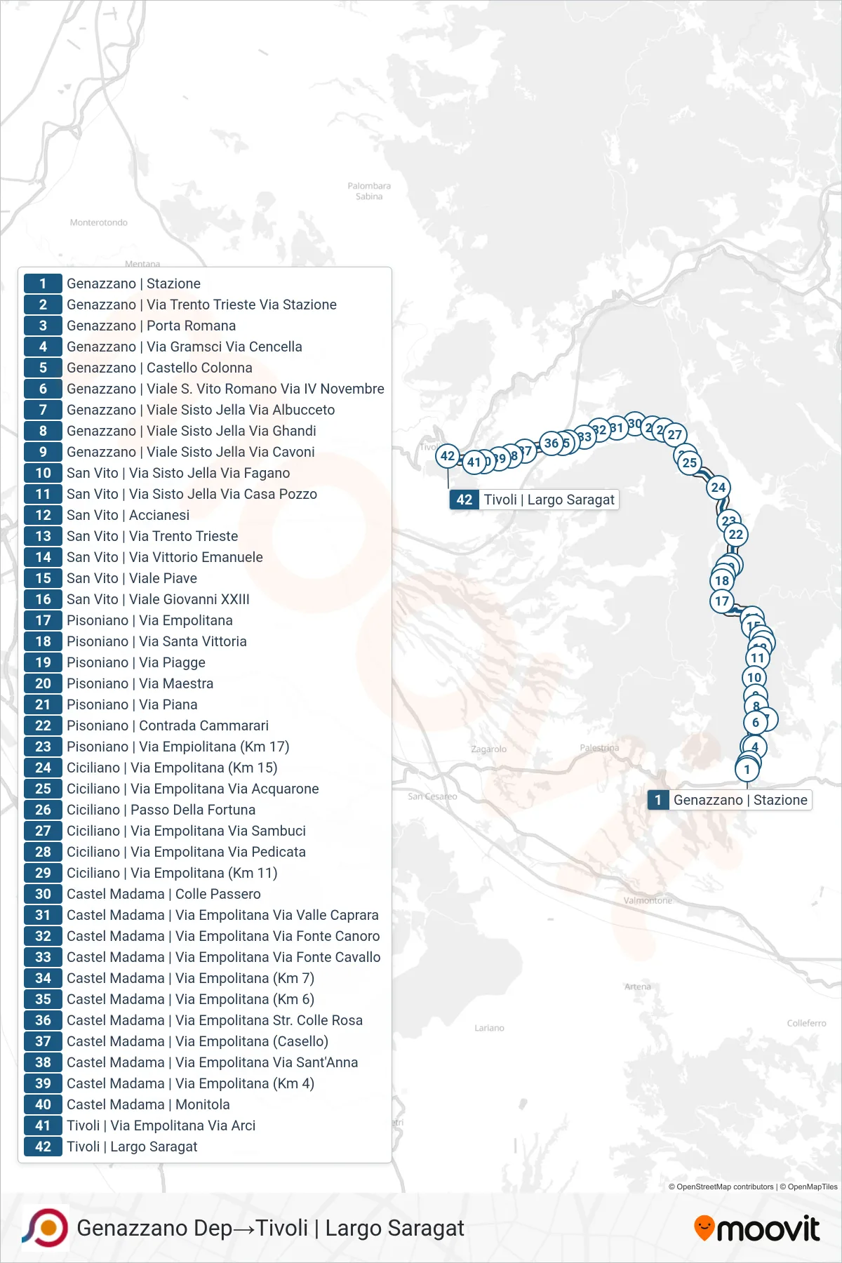 Linea COTRAL bus (Genazzano Dep→Tivoli | Largo Saragat) - Percorsi e fermate sulla mappa