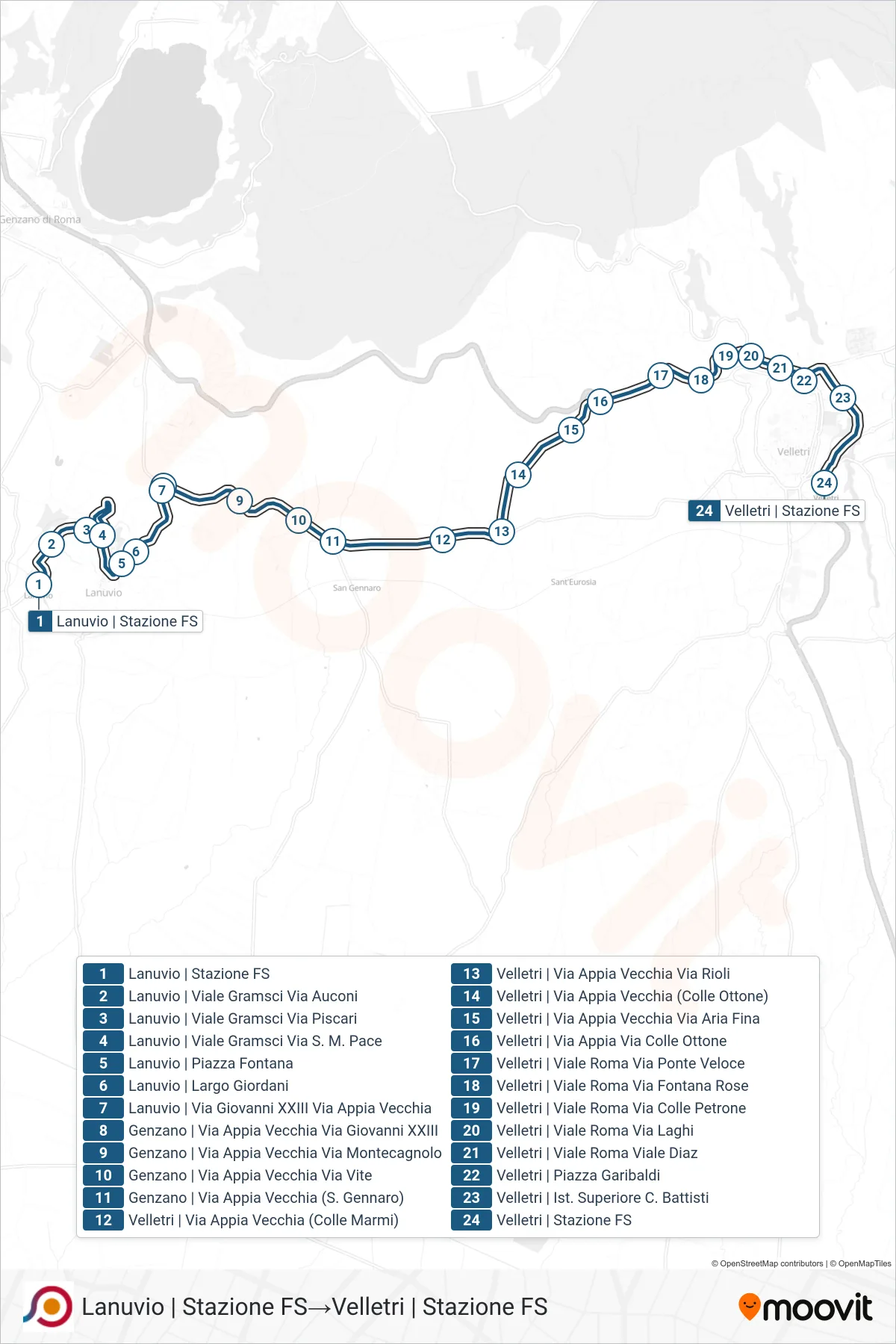 Linea COTRAL bus (Lanuvio | Stazione FS→Velletri | Stazione FS) - Percorsi e fermate sulla mappa