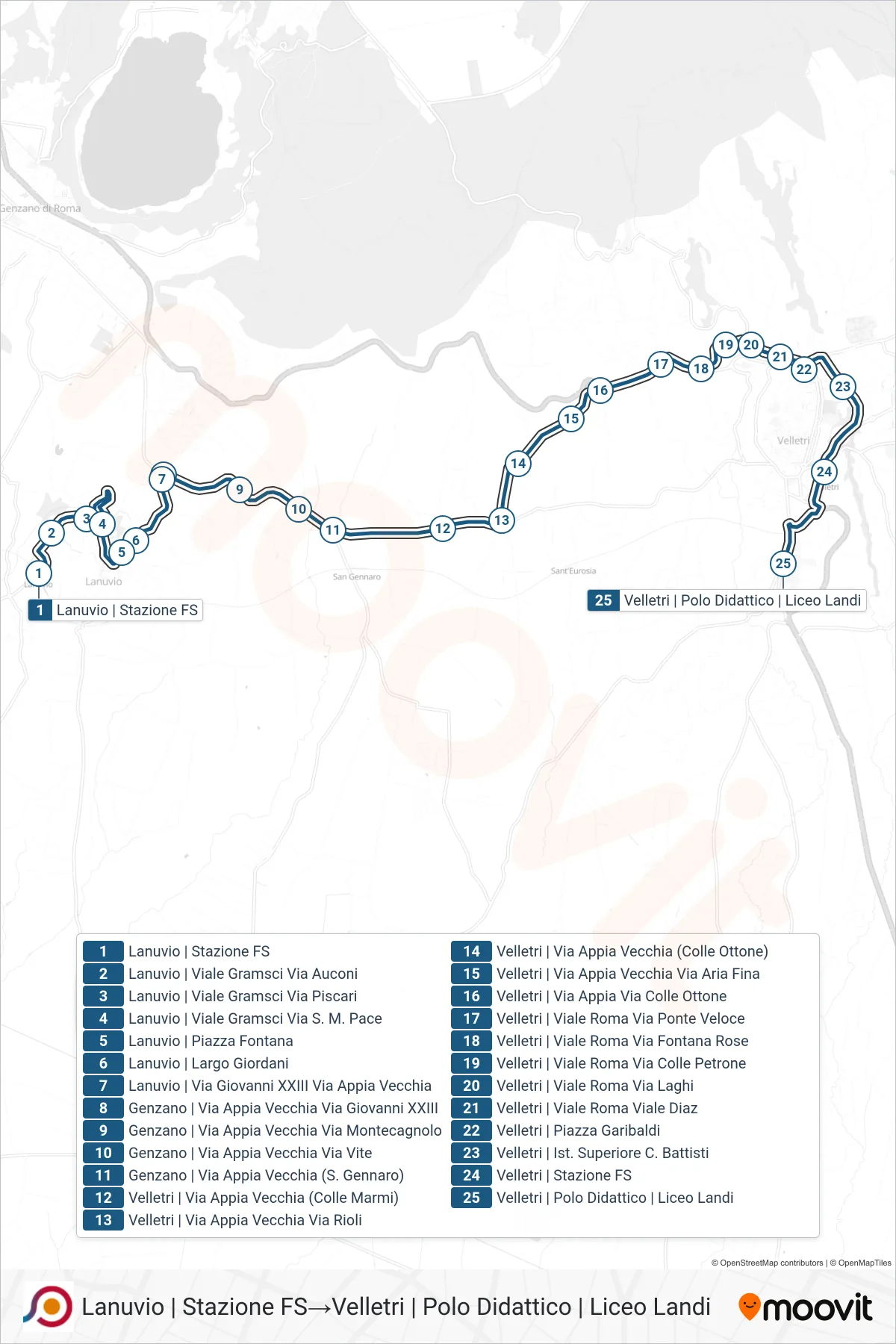 Linea COTRAL bus (Lanuvio | Stazione FS→Velletri | Polo Didattico | Liceo Landi) - Percorsi e fermate sulla mappa