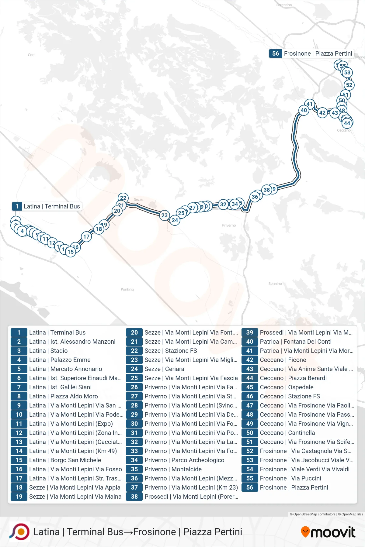 Linea COTRAL bus (Latina | Terminal Bus→Frosinone | Piazza Pertini) - Percorsi e fermate sulla mappa
