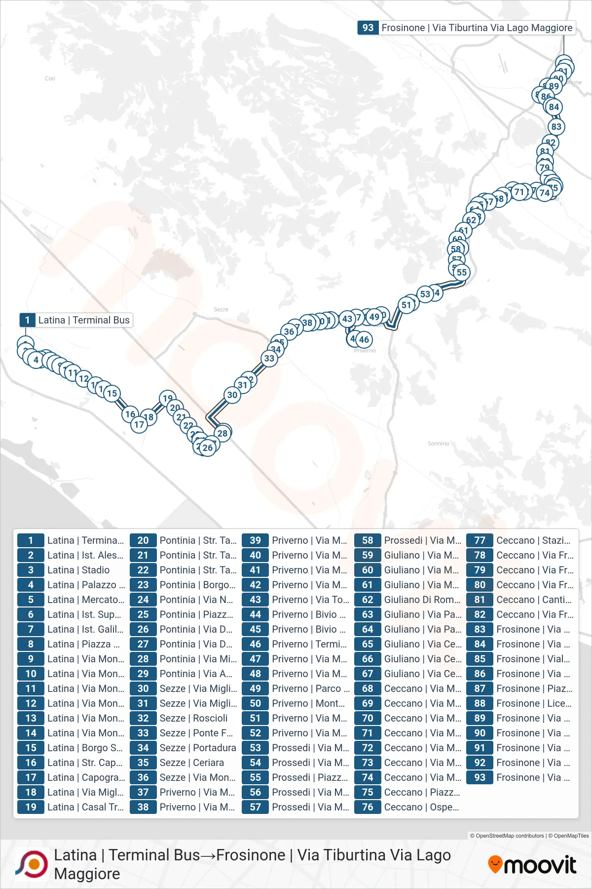 Linea COTRAL bus (Latina | Terminal Bus→Frosinone | Via Tiburtina Via Lago Maggiore) - Percorsi e fermate sulla mappa