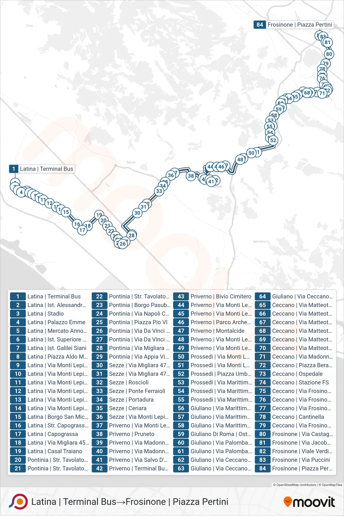 Linea COTRAL bus (Latina | Terminal Bus→Frosinone | Piazza Pertini) - Percorsi e fermate sulla mappa