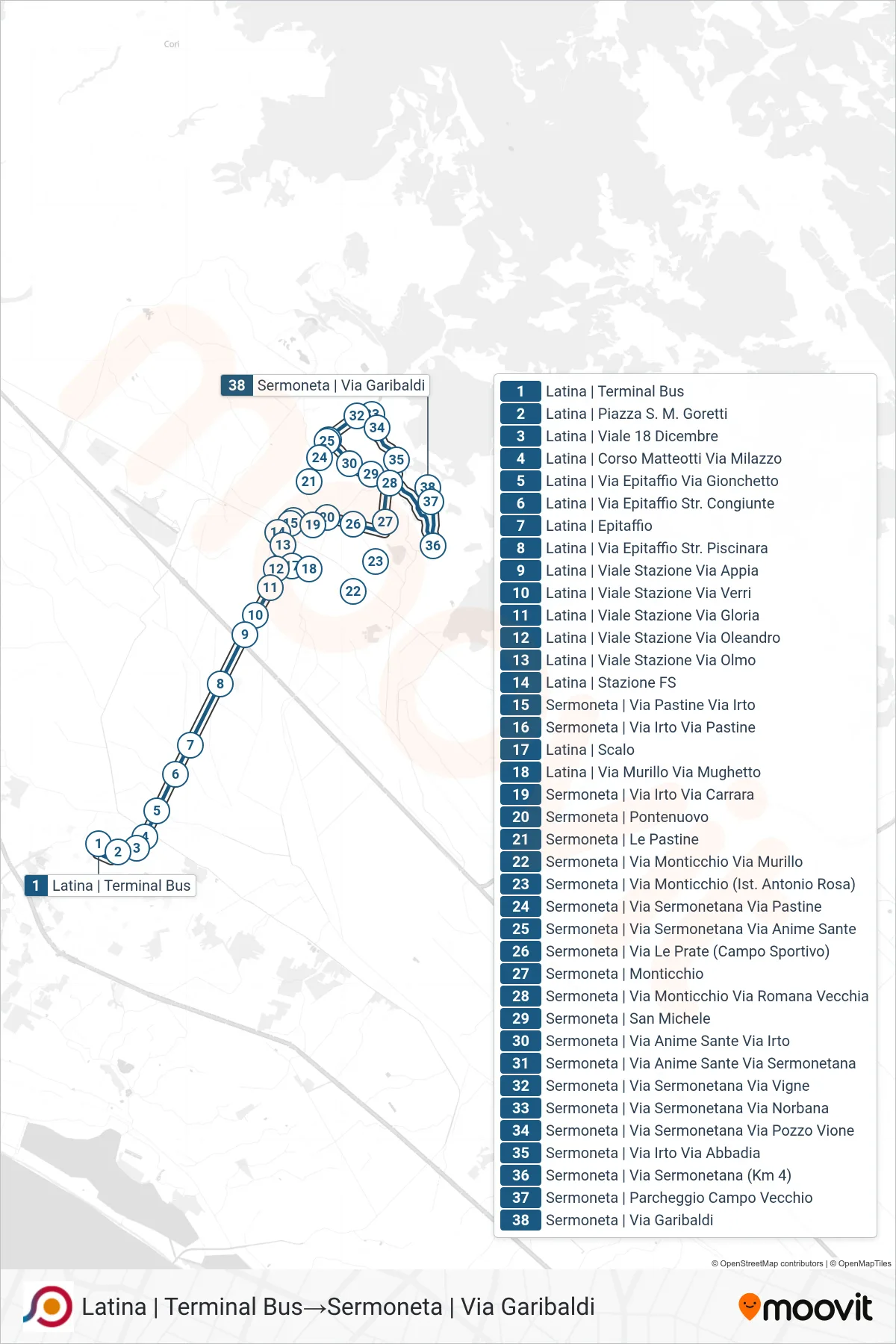 Linea COTRAL  bus (Latina | Terminal Bus‎→Sermoneta | Via Garibaldi) - Percorsi e fermate sulla mappa