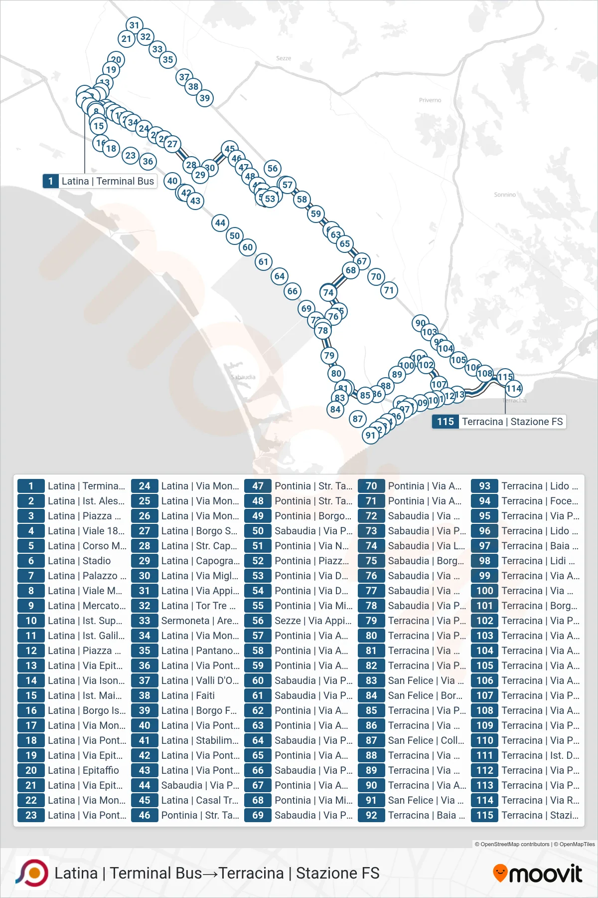 Linea COTRAL bus (Latina | Terminal Bus→Terracina | Stazione FS) - Percorsi e fermate sulla mappa