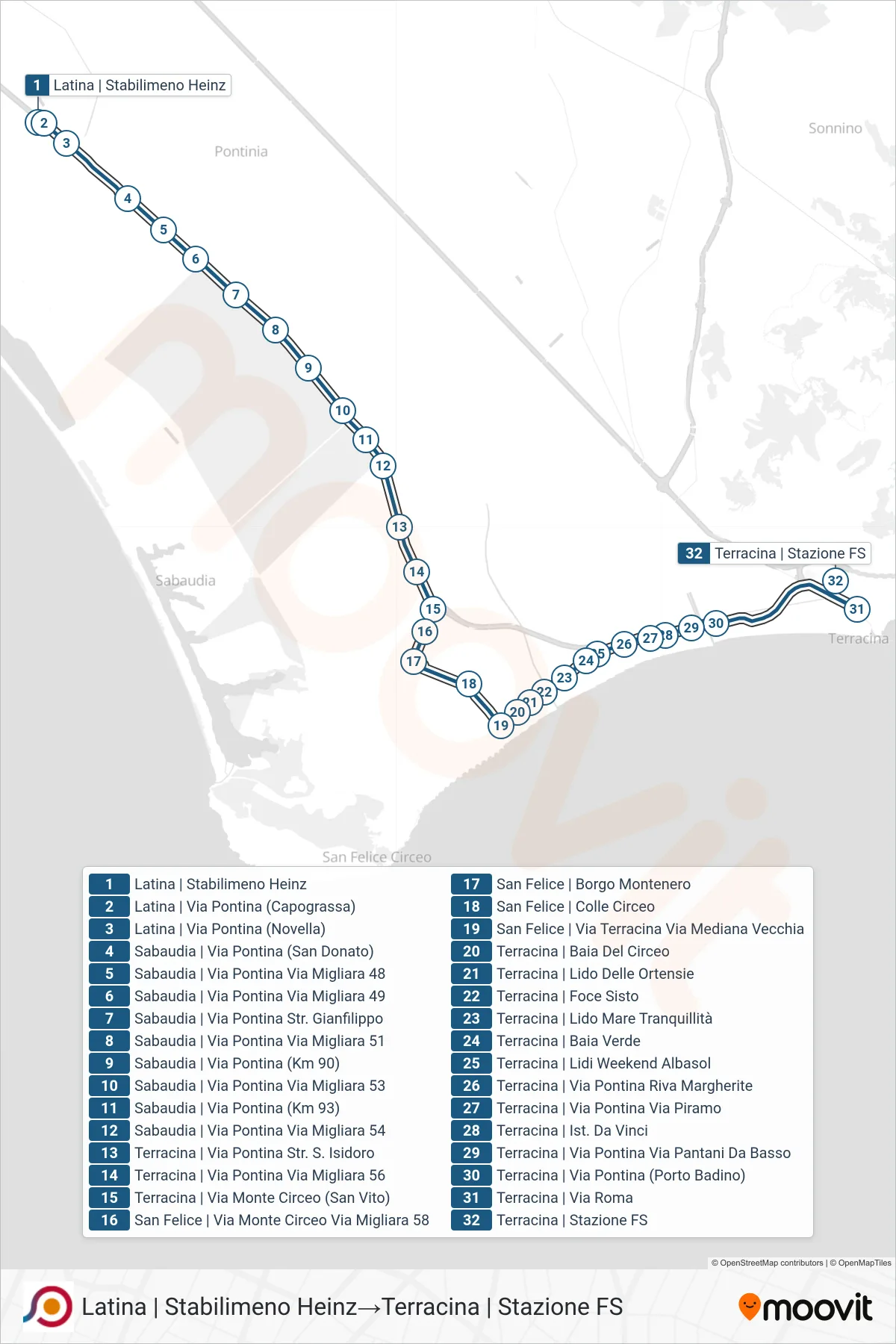 Linea COTRAL bus (Latina | Stabilimeno Heinz→Terracina | Stazione FS) - Percorsi e fermate sulla mappa