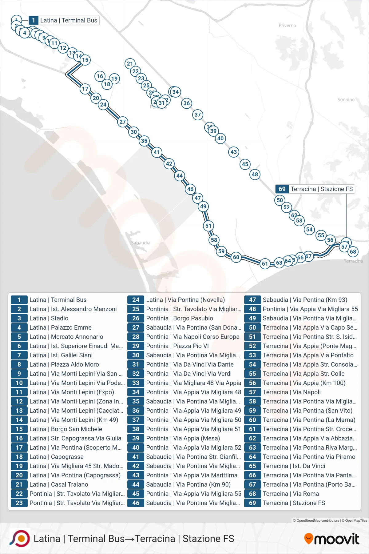 Linea COTRAL bus (Latina | Terminal Bus→Terracina | Stazione FS) - Percorsi e fermate sulla mappa