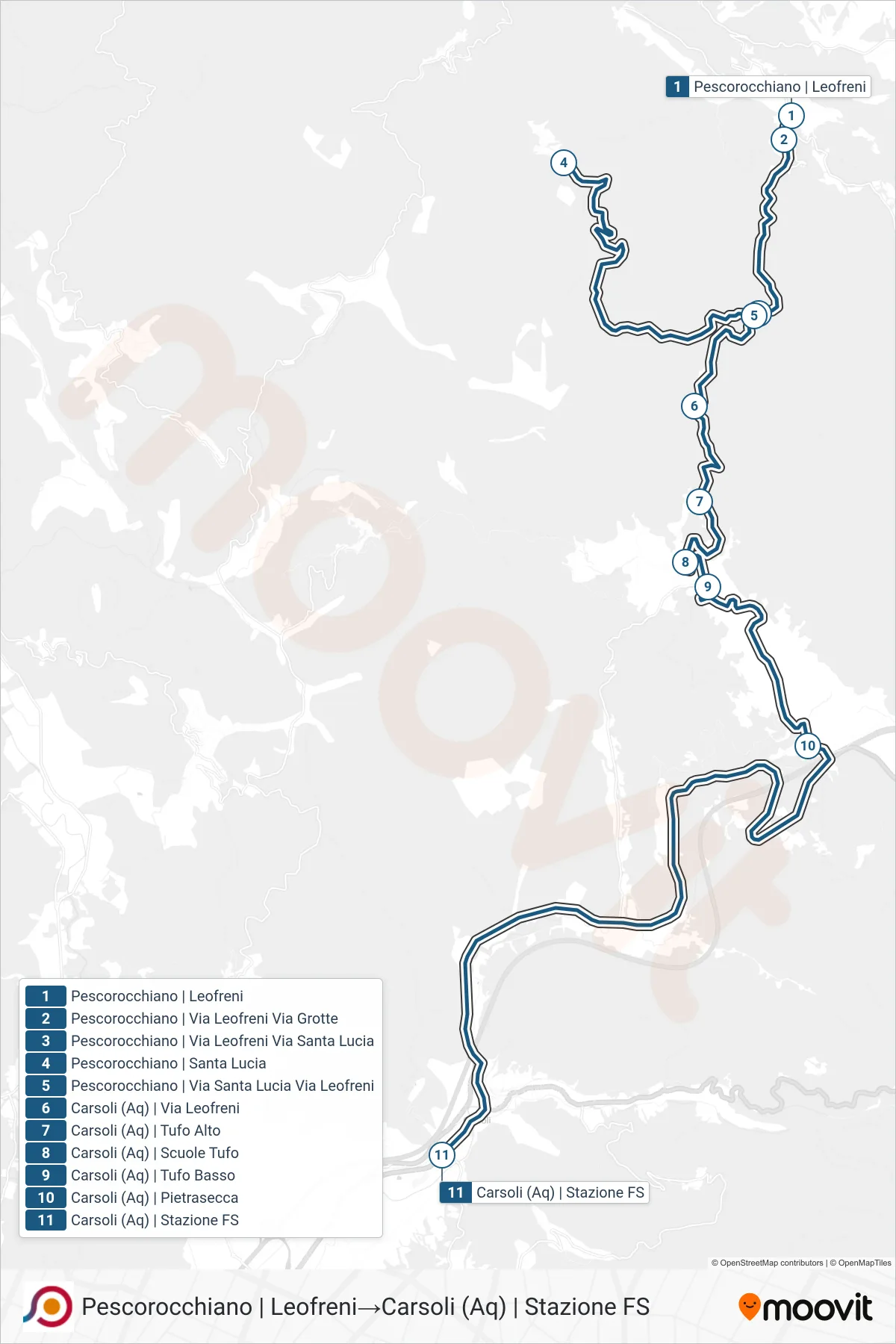 Linea COTRAL  bus (Pescorocchiano | Leofreni‎→Carsoli (Aq) | Stazione FS) - Percorsi e fermate sulla mappa