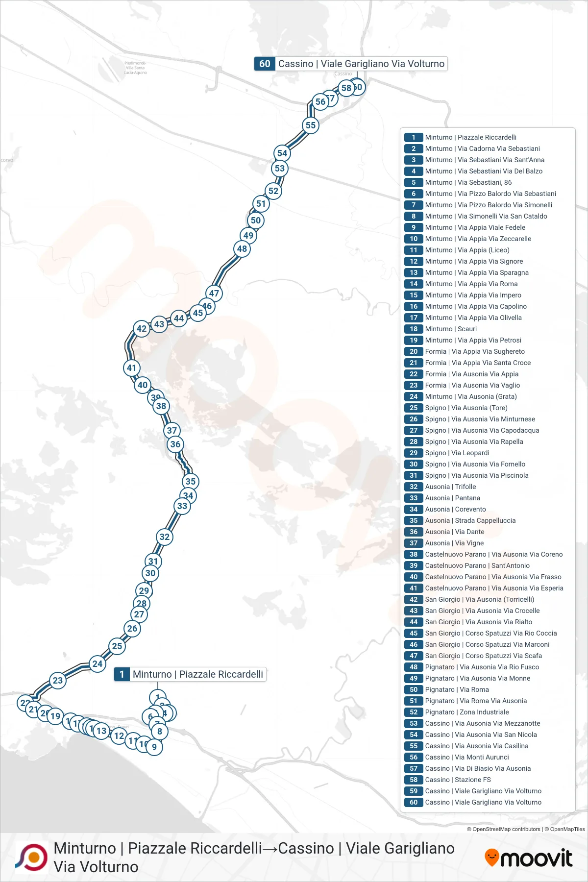 Linea COTRAL  bus (Minturno | Piazzale Riccardelli‎→Cassino | Viale Garigliano Via Volturno) - Percorsi e fermate sulla mappa