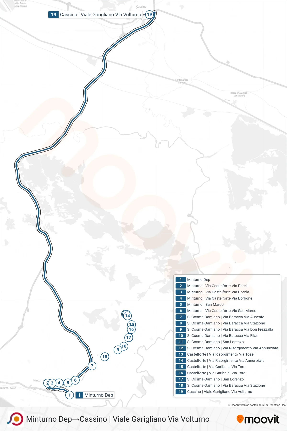 Linea COTRAL bus (Minturno Dep→Cassino | Viale Garigliano Via Volturno) - Percorsi e fermate sulla mappa