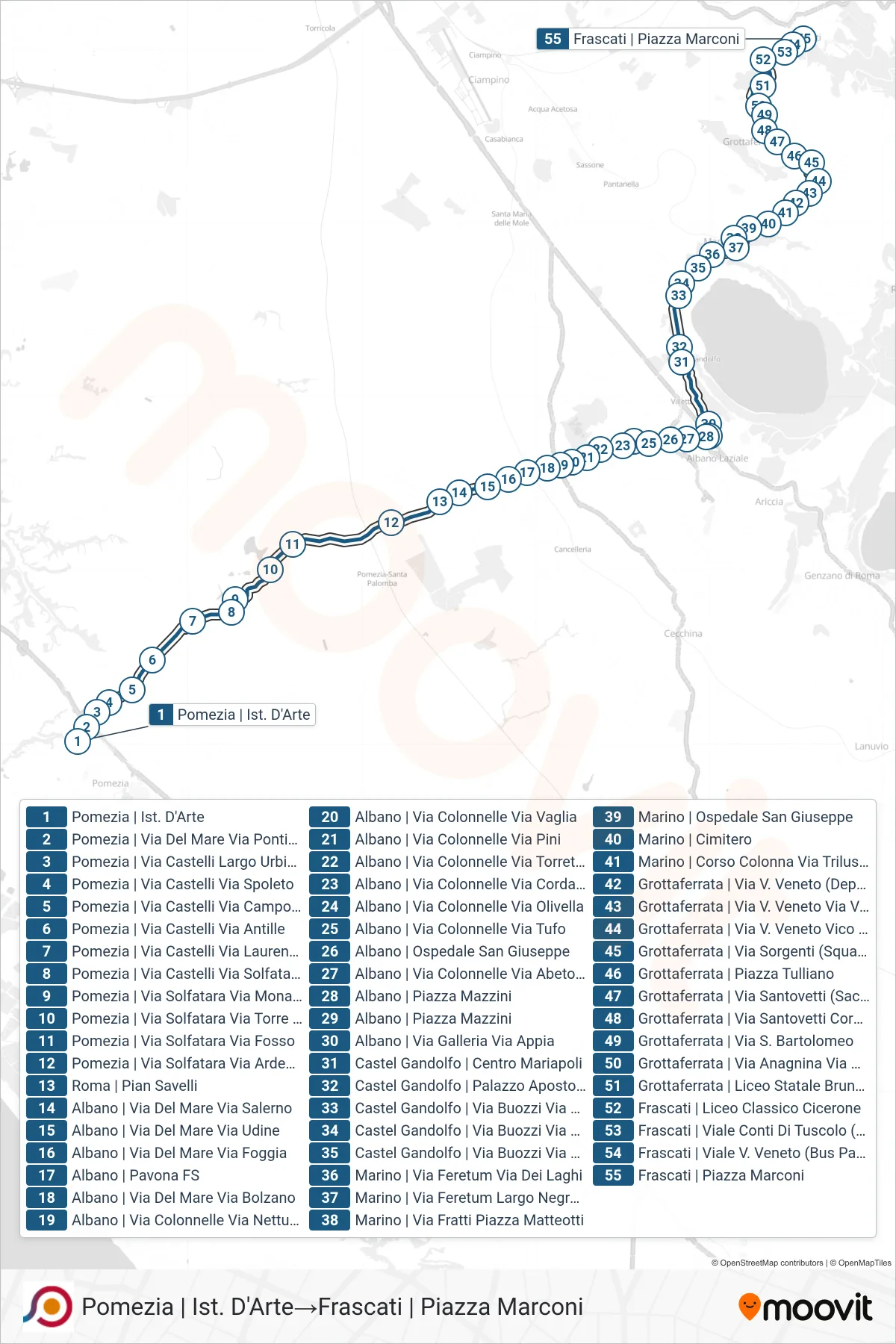 Linea COTRAL bus (Pomezia | Ist. D'Arte→Frascati | Piazza Marconi) - Percorsi e fermate sulla mappa