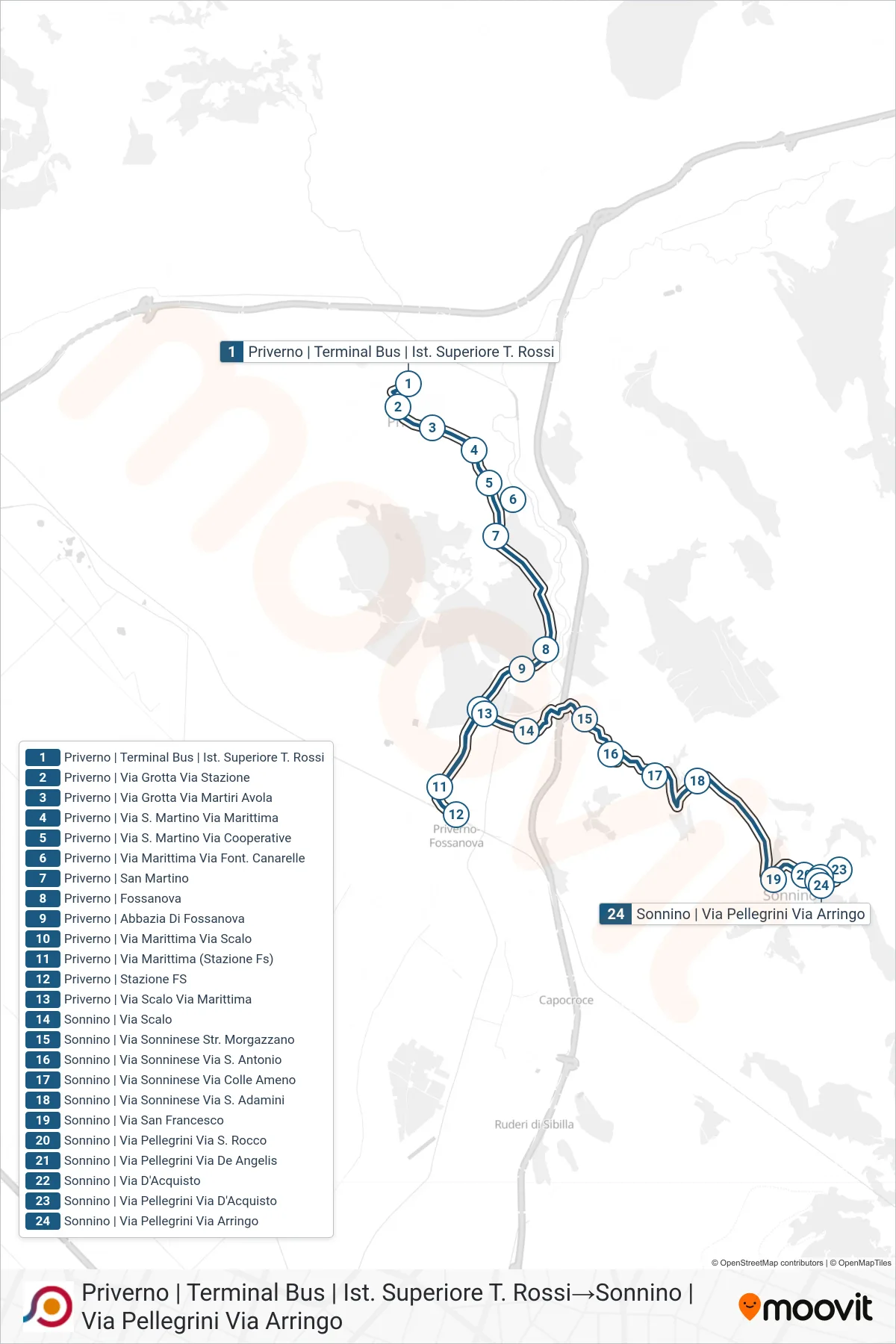Linea COTRAL bus (Priverno | Terminal Bus | Ist. Superiore T. Rossi→Sonnino | Via Pellegrini Via Arringo) - Percorsi e fermate sulla mappa