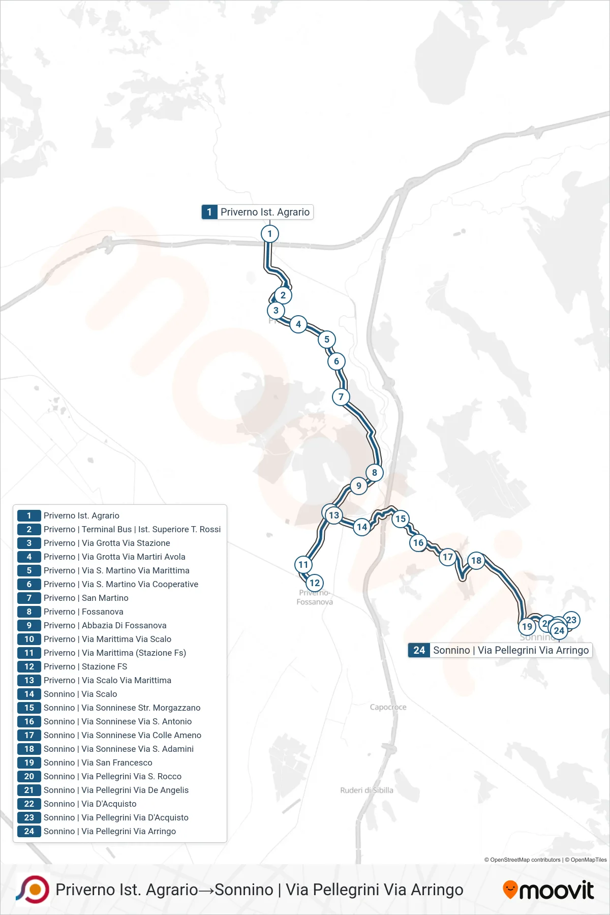 Linea COTRAL bus (Priverno Ist. Agrario→Sonnino | Via Pellegrini Via Arringo) - Percorsi e fermate sulla mappa
