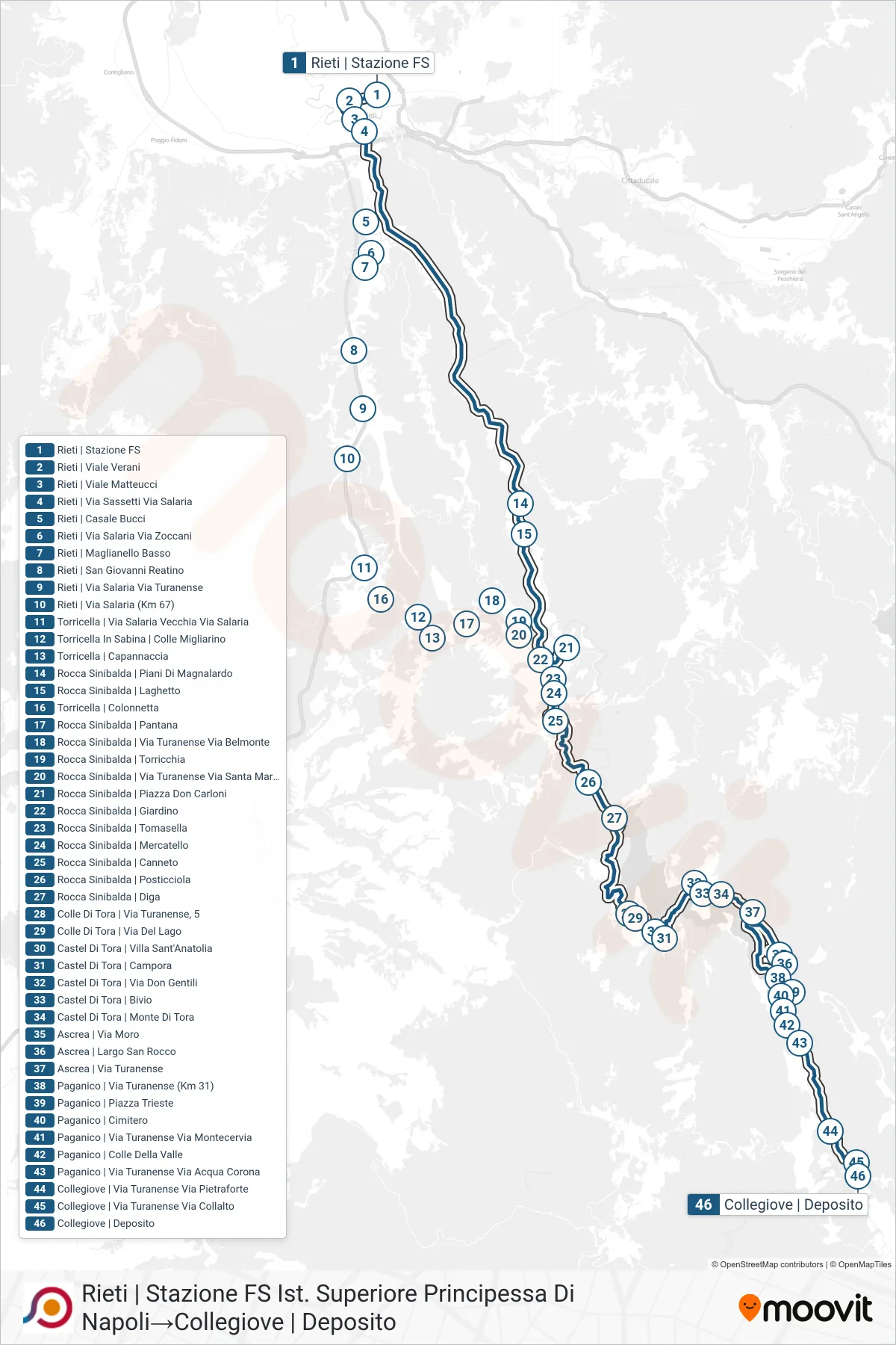 Linea COTRAL bus (Rieti | Stazione FS Ist. Superiore Principessa Di Napoli→Collegiove | Deposito) - Percorsi e fermate sulla mappa