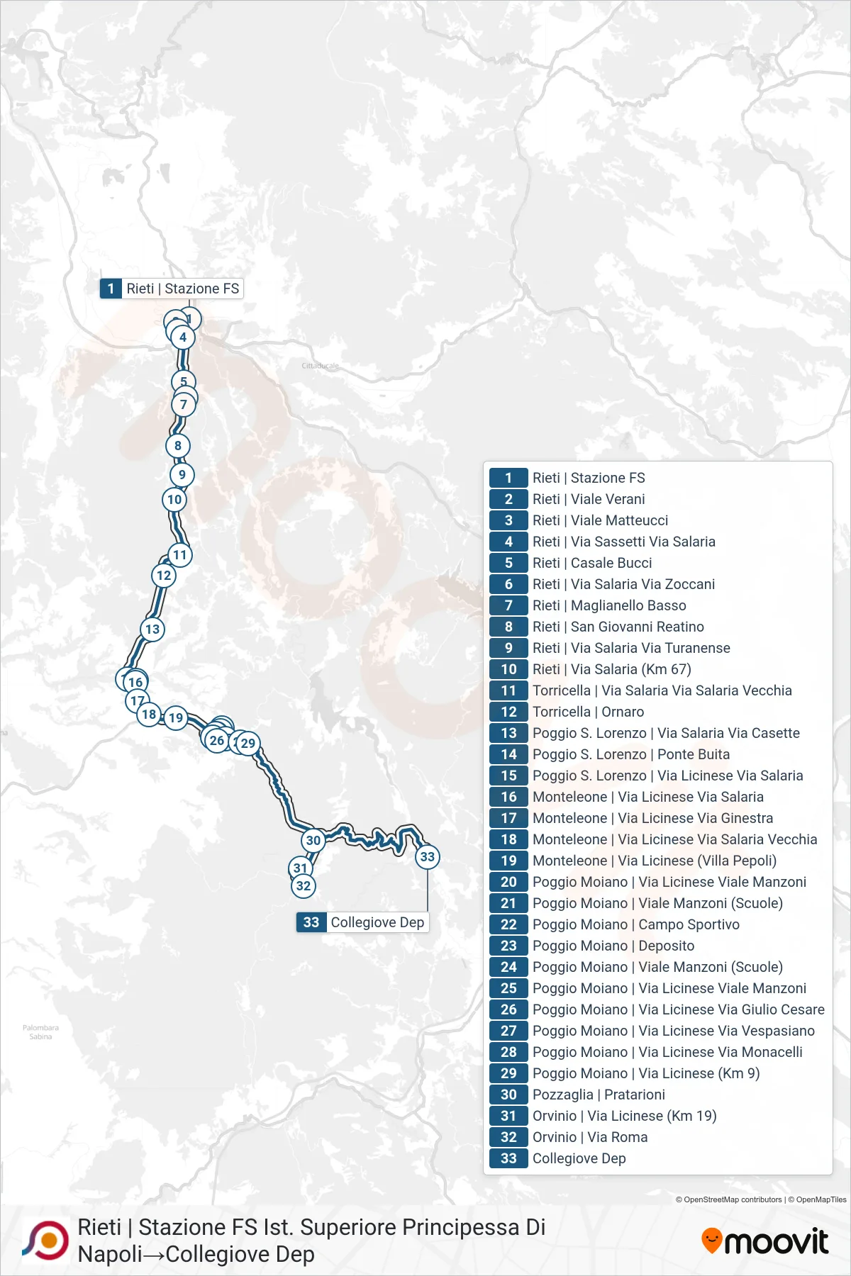 Linea COTRAL bus (Rieti | Stazione FS Ist. Superiore Principessa Di Napoli→Collegiove Dep) - Percorsi e fermate sulla mappa